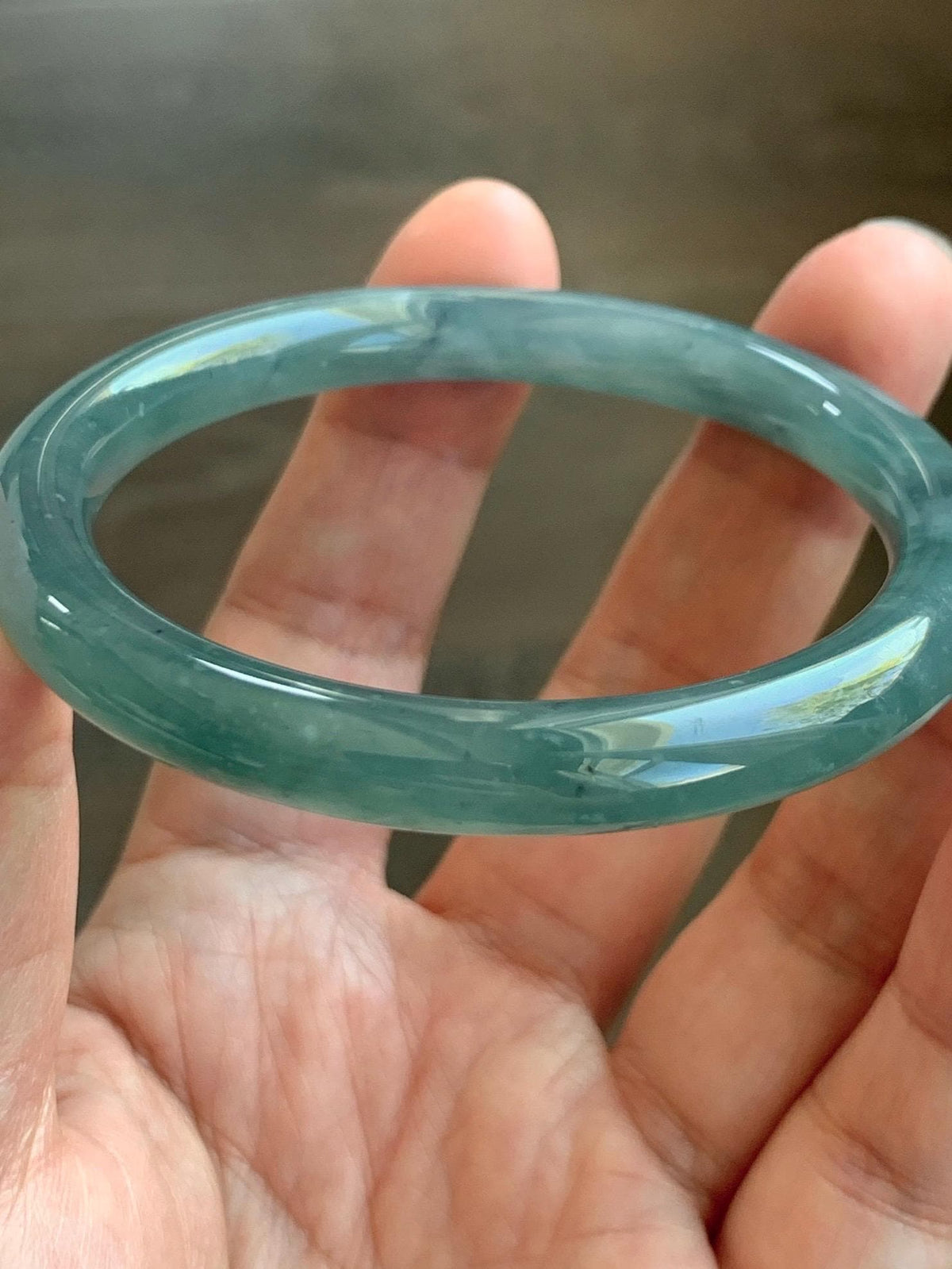 Certified Natural Grade A Guatemalan Icy Translucent Dusty Teal Green Jade Jadeite Bangle Bracelet 55.17mm 6.8” 32g 天然冰危蓝绿翡翠圆条手镯 951