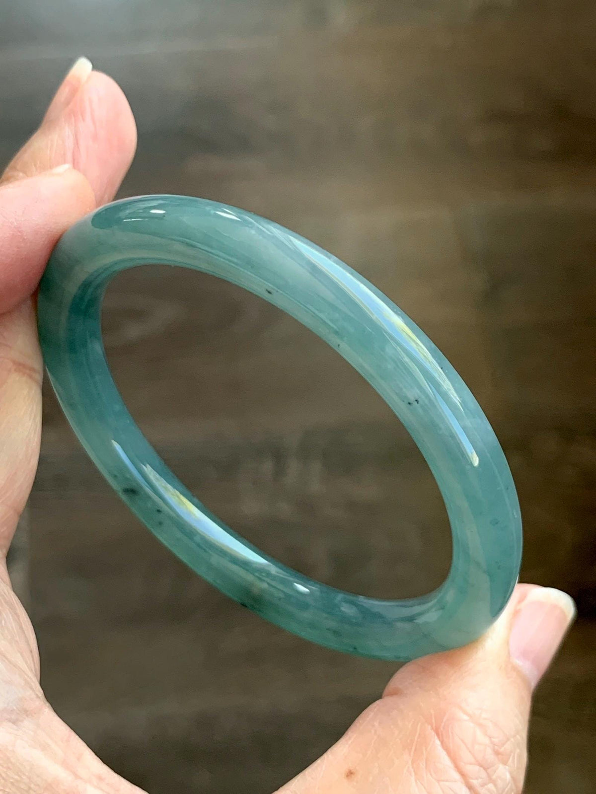 Certified Natural Grade A Guatemalan Icy Translucent Dusty Teal Green Jade Jadeite Bangle Bracelet 55.17mm 6.8” 32g 天然冰危蓝绿翡翠圆条手镯 951