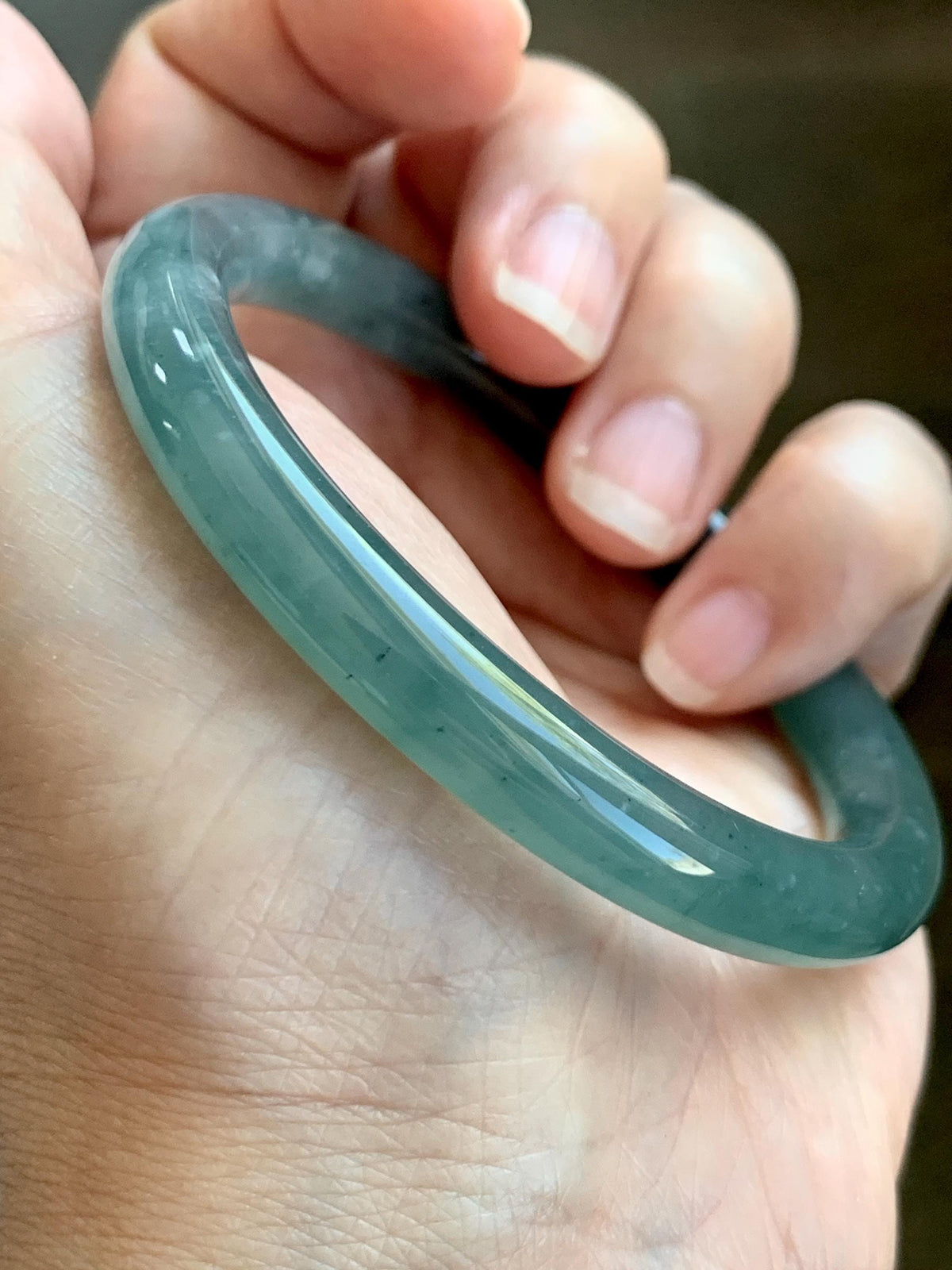 Certified Natural Grade A Guatemalan Icy Translucent Dusty Teal Green Jade Jadeite Bangle Bracelet 55.17mm 6.8” 32g 天然冰危蓝绿翡翠圆条手镯 951