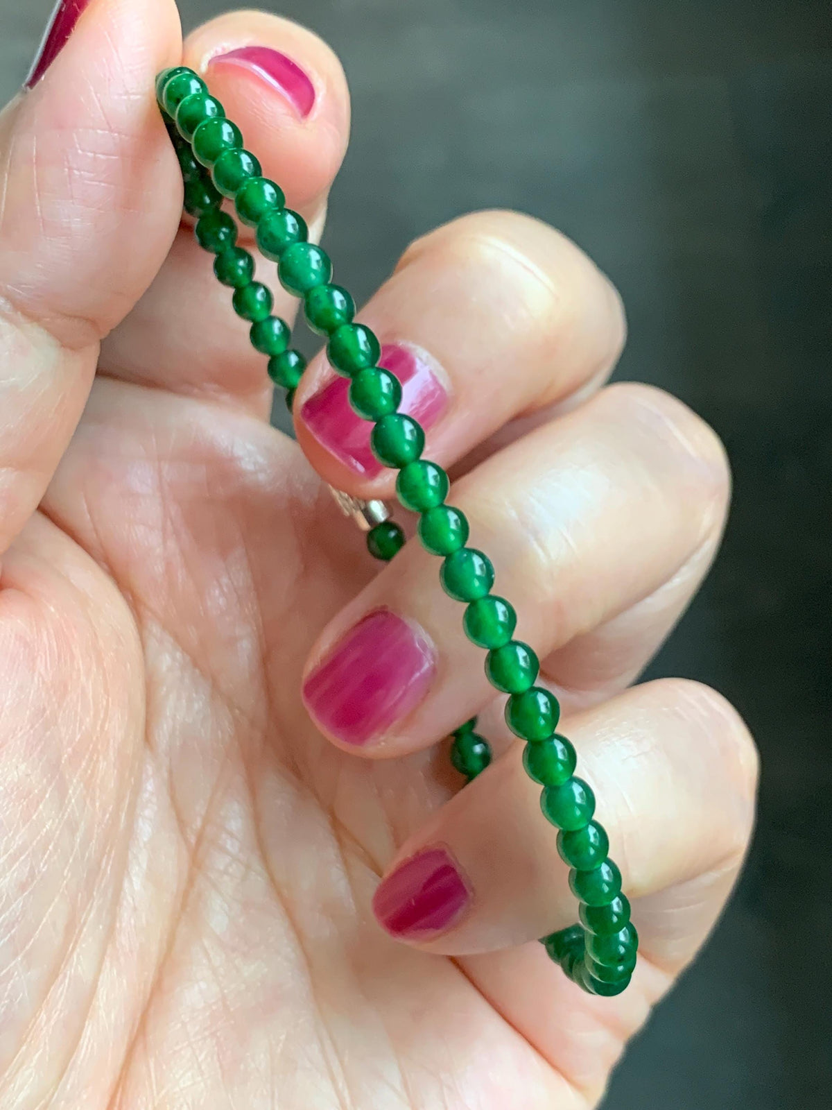 Natural Grade A Guatemalan Icy Translucent Vibrant Green Jade Jadeite Petite Beads Beaded Bracelet 7.5” 3.7mm 5g 天然冰危绿翡翠小卡圆珠手串 WLQ380C