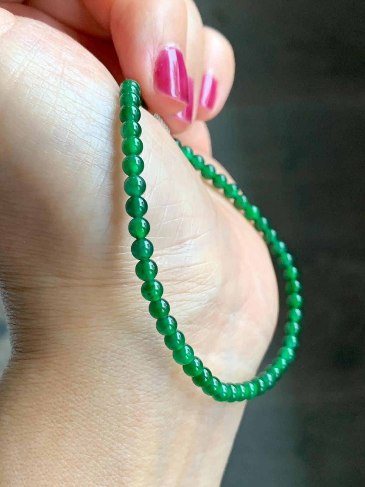 Natural Grade A Guatemalan Icy Translucent Vibrant Green Jade Jadeite Petite Beads Beaded Bracelet 7.5” 3.7mm 5g 天然冰危绿翡翠小卡圆珠手串 WLQ380C