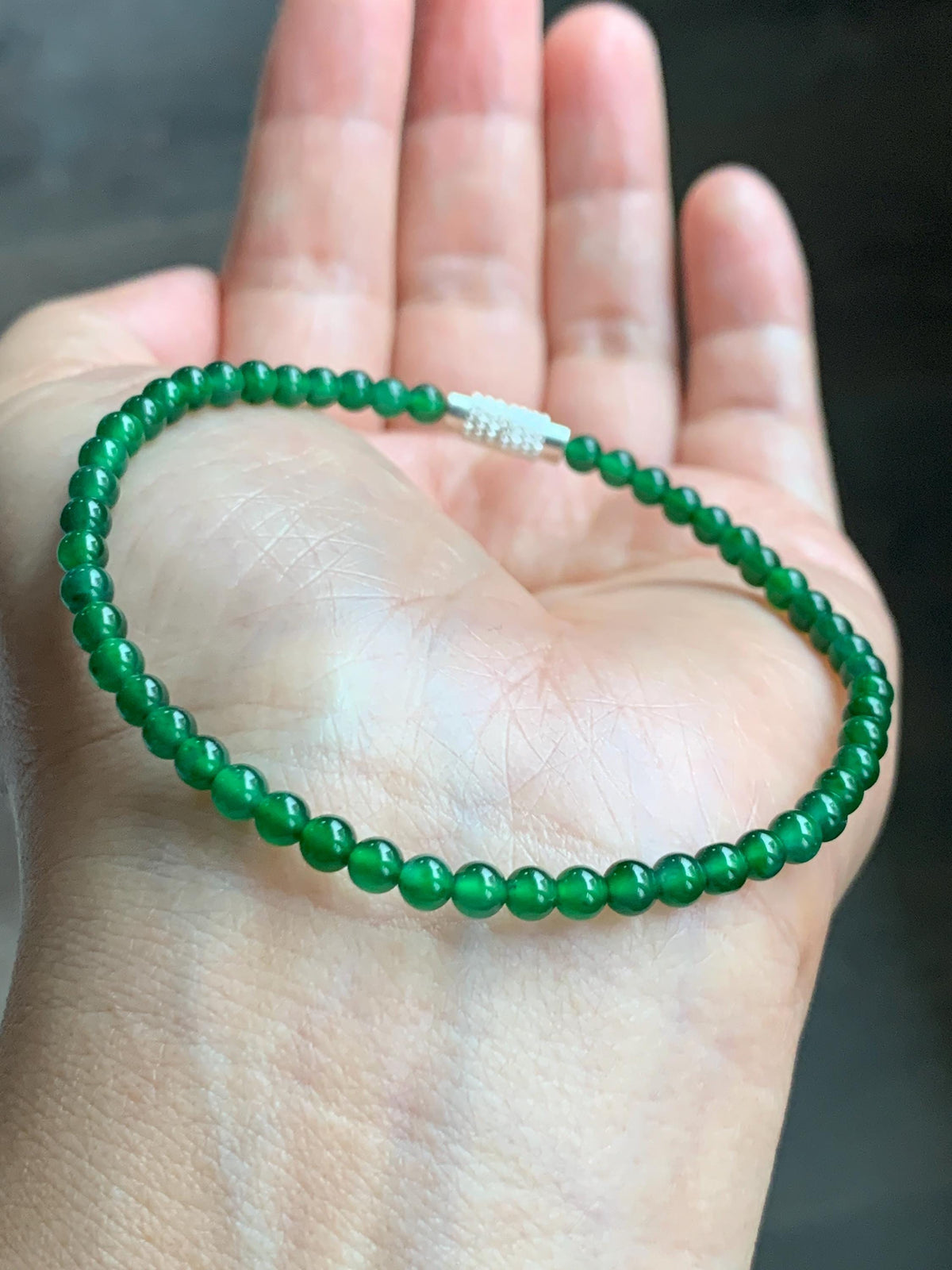 Natural Grade A Guatemalan Icy Translucent Vibrant Green Jade Jadeite Petite Beads Beaded Bracelet 7.5” 3.7mm 5g 天然冰危绿翡翠小卡圆珠手串 WLQ380C