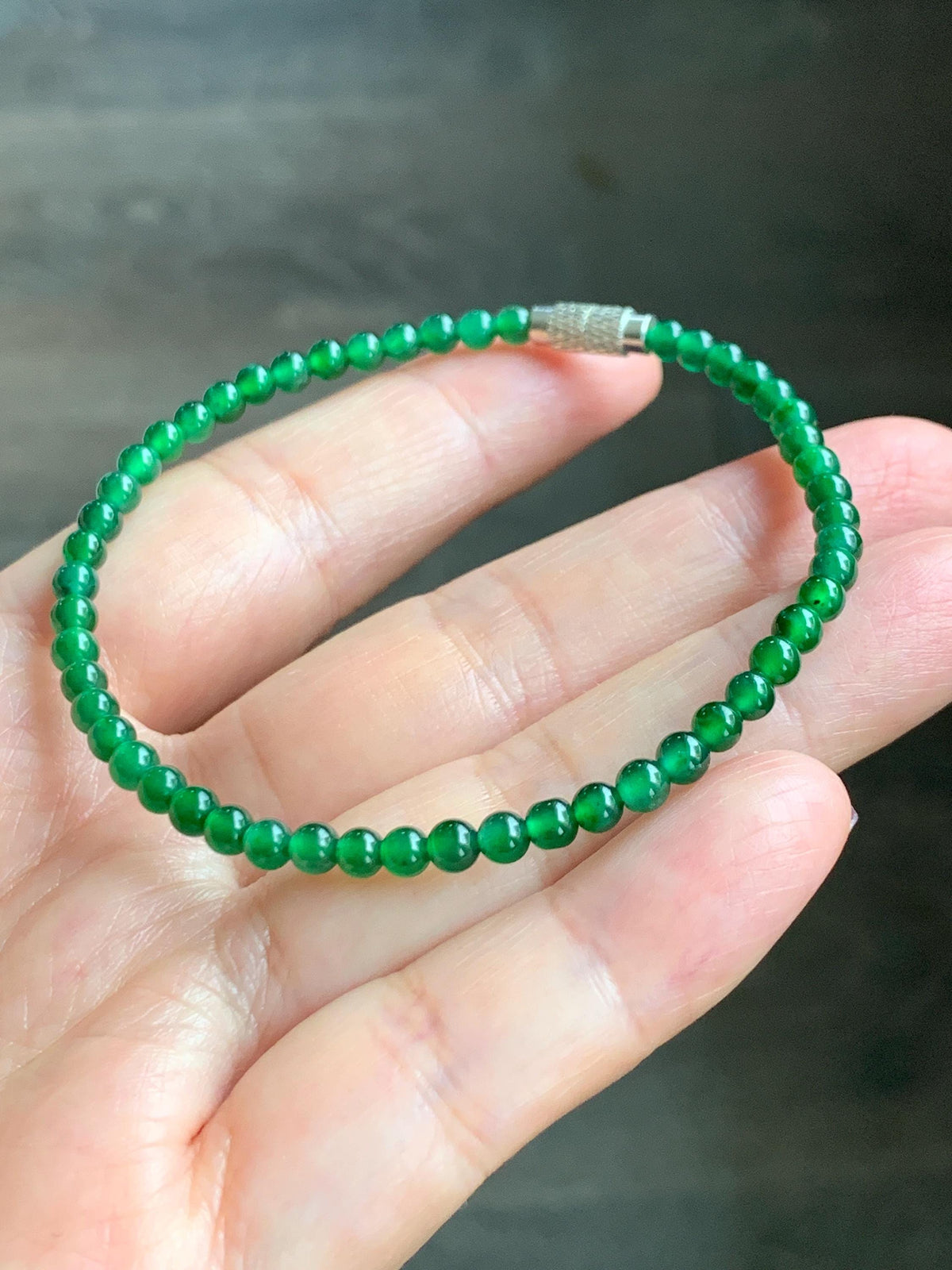 Natural Grade A Guatemalan Icy Translucent Vibrant Green Jade Jadeite Petite Beads Beaded Bracelet 7.5” 3.7mm 5g 天然冰危绿翡翠小卡圆珠手串 WLQ380C