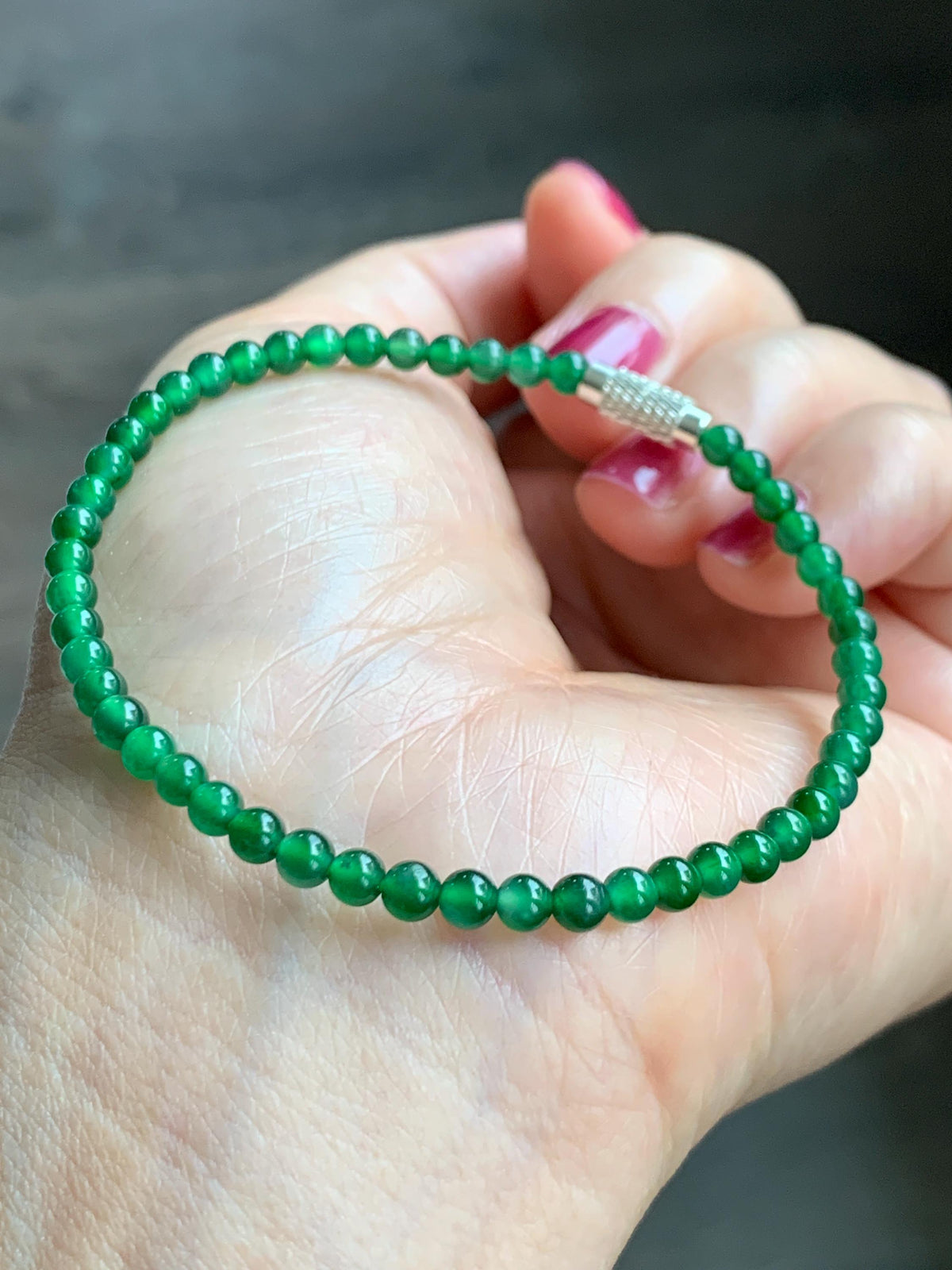 Natural Grade A Guatemalan Icy Translucent Vibrant Green Jade Jadeite Petite Beads Beaded Bracelet 7.25” 3.7mm 4g 天然冰危绿翡翠小卡圆珠手串 WLQ380B