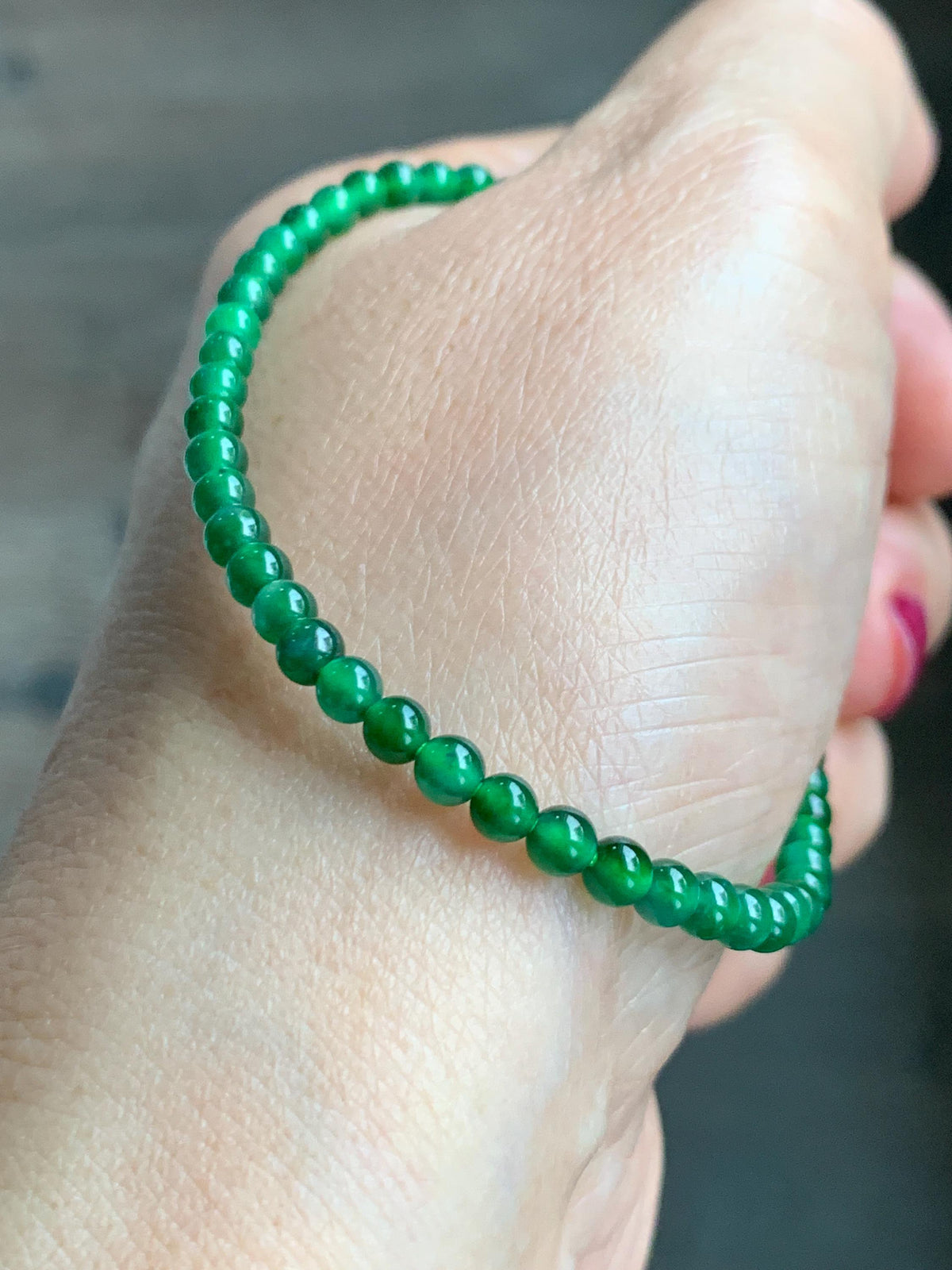 Natural Grade A Guatemalan Icy Translucent Vibrant Green Jade Jadeite Petite Beads Beaded Bracelet 7.25” 3.7mm 4g 天然冰危绿翡翠小卡圆珠手串 WLQ380B
