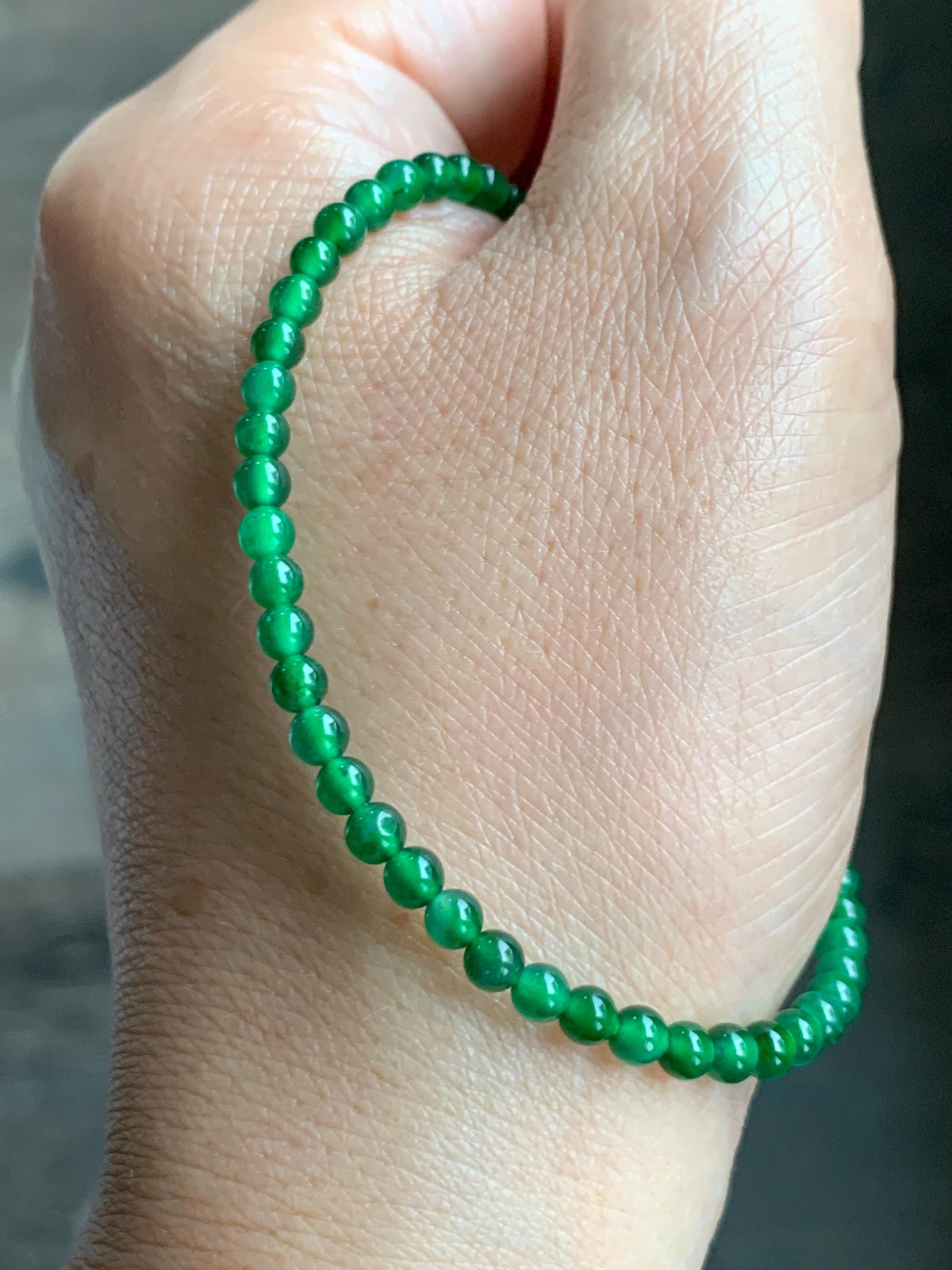 Natural Grade A Guatemalan Icy Translucent Vibrant Green Jade Jadeite Petite Beads Beaded Bracelet 7.25” 3.7mm 4g 天然冰危绿翡翠小卡圆珠手串 WLQ380B