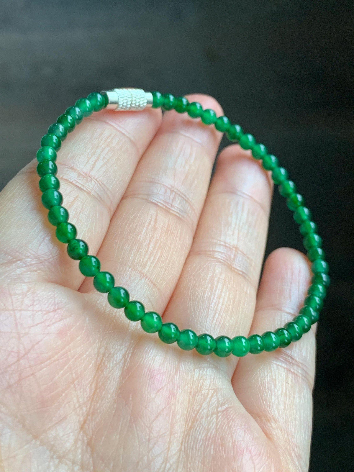 Natural Grade A Guatemalan Icy Translucent Vibrant Green Jade Jadeite Petite Beads Beaded Bracelet 7.25” 3.7mm 4g 天然冰危绿翡翠小卡圆珠手串 WLQ380B