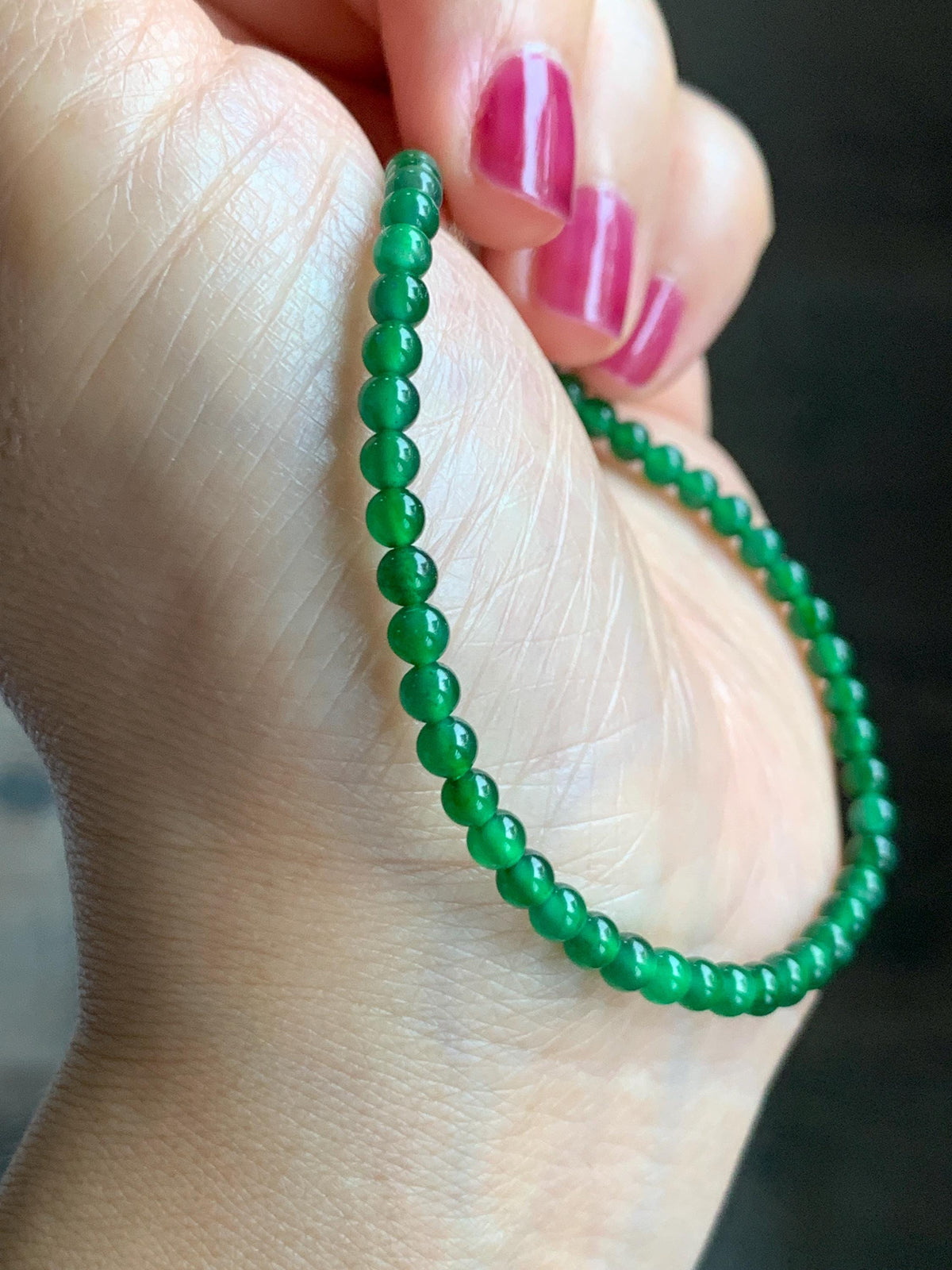 Natural Grade A Guatemalan Icy Translucent Vibrant Green Jade Jadeite Petite Beads Beaded Bracelet 7.25” 3.7mm 4g 天然冰危绿翡翠小卡圆珠手串 WLQ380B