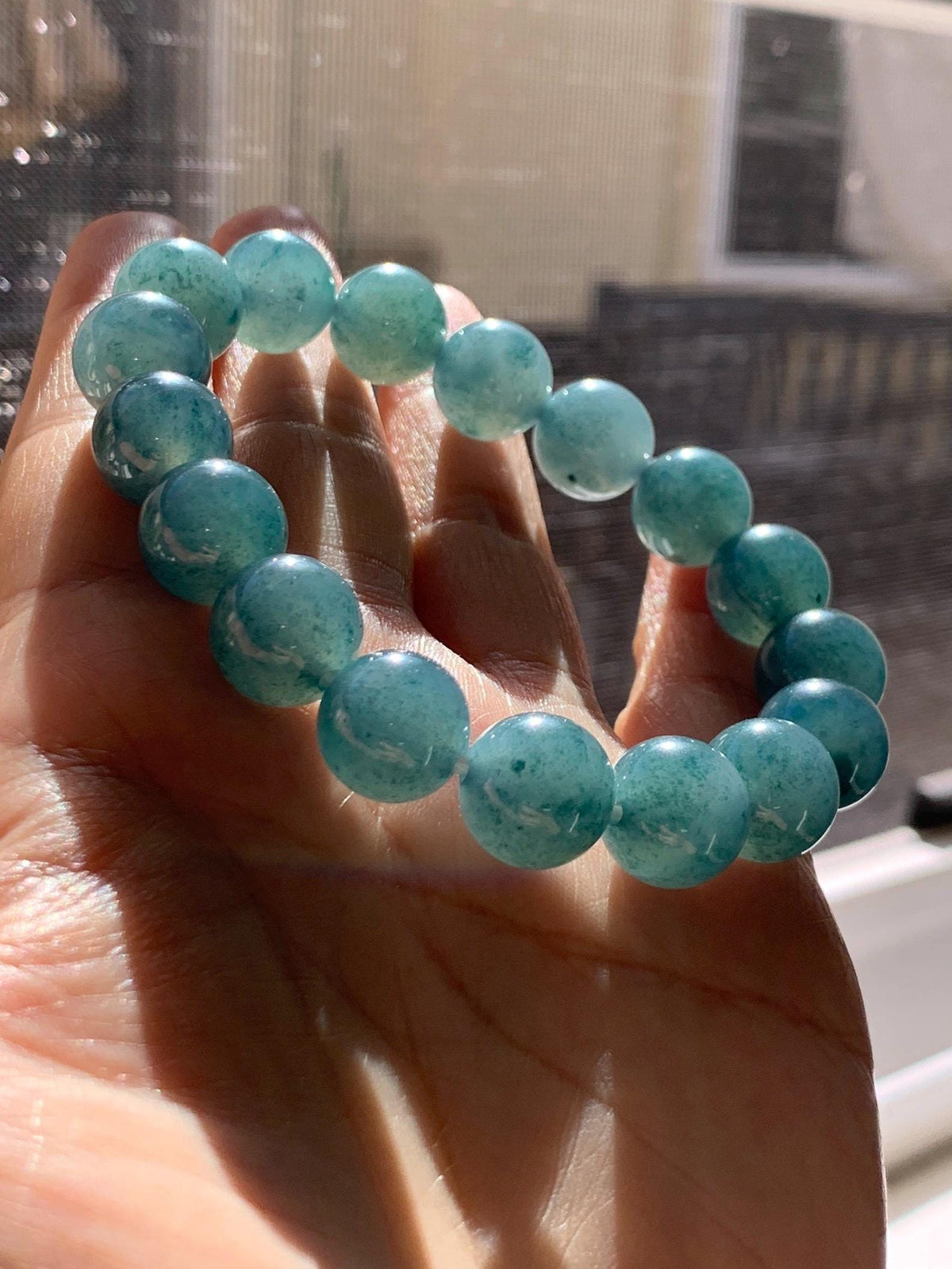 Certified Natural Grade A Guatemalan Icy Highly Translucent Blue Green Marble Jade Jadeite Beaded Bracelet 11.8mm 7.4” 48g 天然冰胶危蓝飘花翡翠手串 973