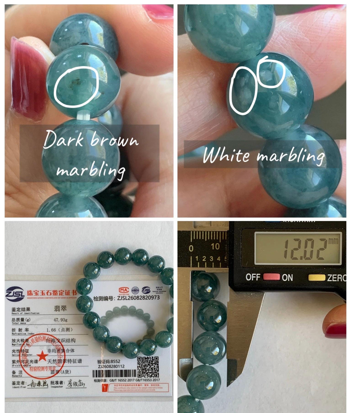 Certified Natural Grade A Guatemalan Icy Highly Translucent Blue Green Marble Jade Jadeite Beaded Bracelet 11.8mm 7.4” 48g 天然冰胶危蓝飘花翡翠手串 973