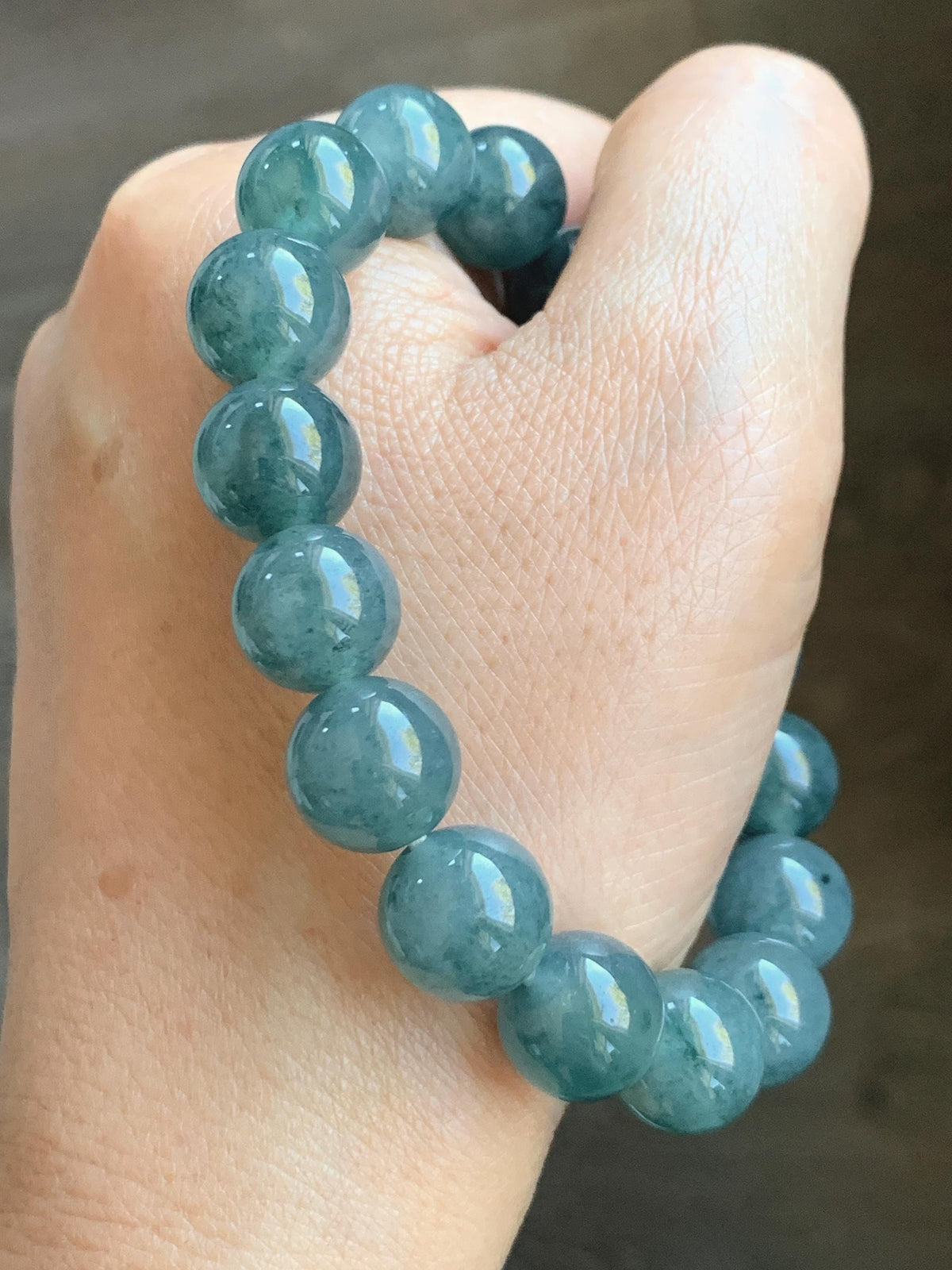 Certified Natural Grade A Guatemalan Icy Highly Translucent Blue Green Marble Jade Jadeite Beaded Bracelet 11.8mm 7.4” 48g 天然冰胶危蓝飘花翡翠手串 973