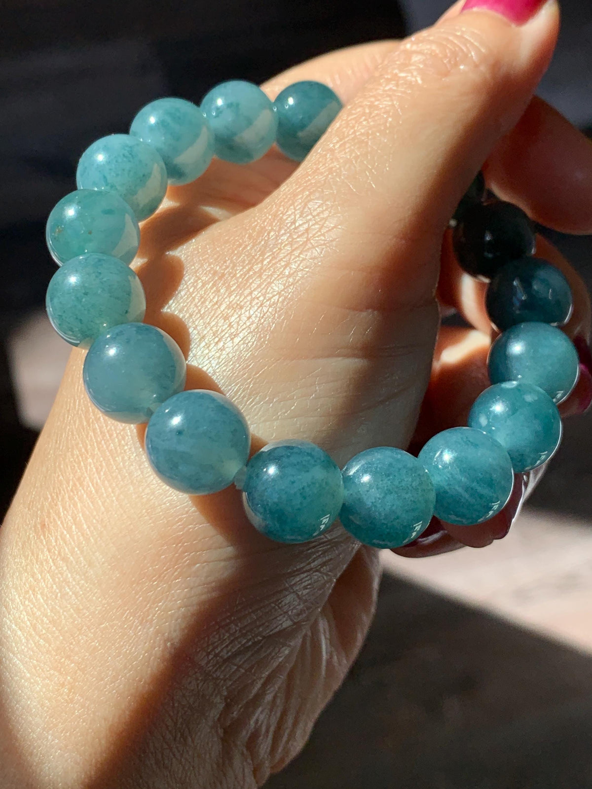Certified Natural Grade A Guatemalan Icy Highly Translucent Blue Green Marble Jade Jadeite Beaded Bracelet 11.8mm 7.4” 48g 天然冰胶危蓝飘花翡翠手串 973