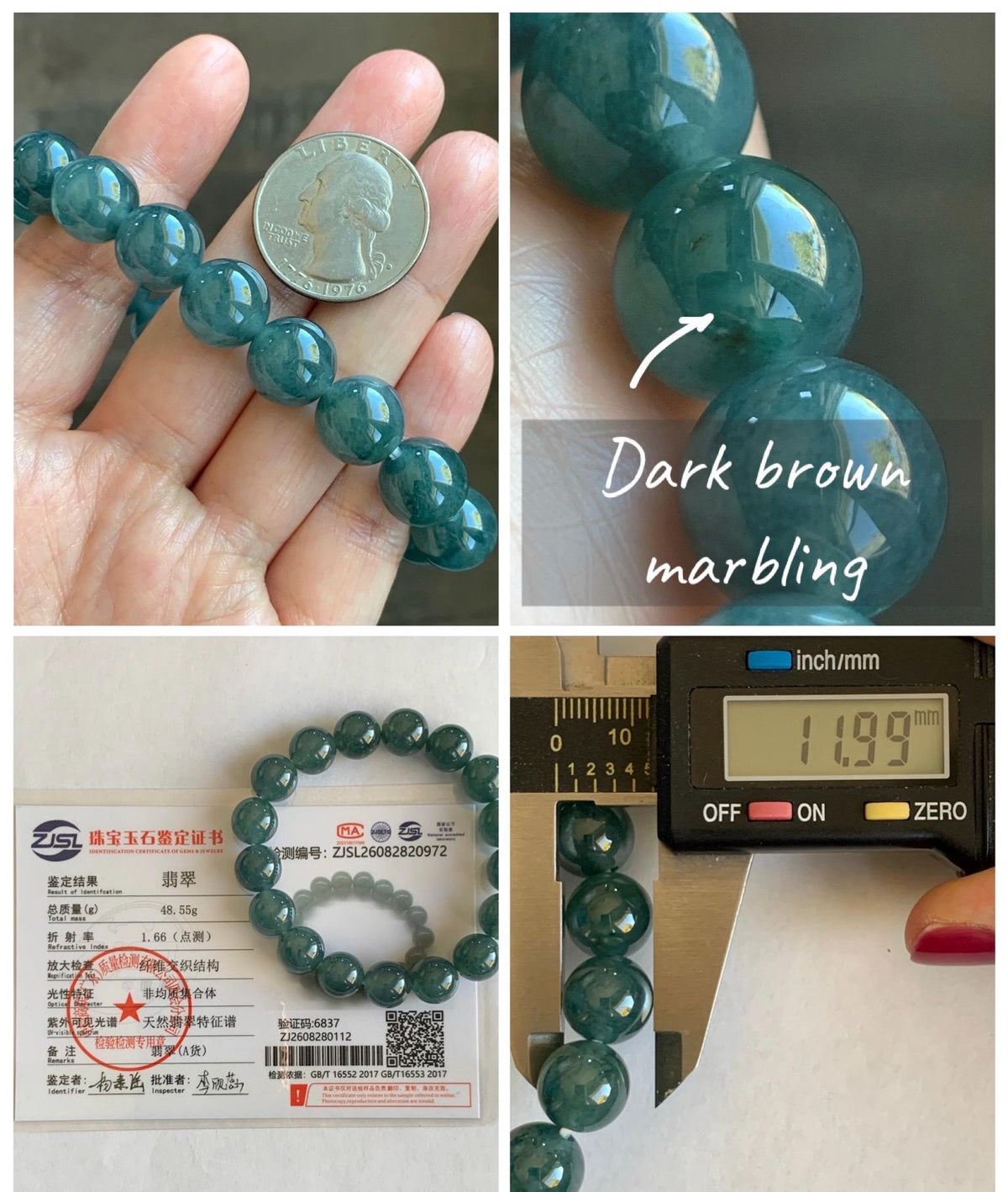 Certified Natural Grade A Guatemalan Icy Highly Translucent Blue Green Marble Jade Jadeite Beaded Bracelet 11.8mm 7.4” 49g 天然冰胶危蓝飘花翡翠手串 972