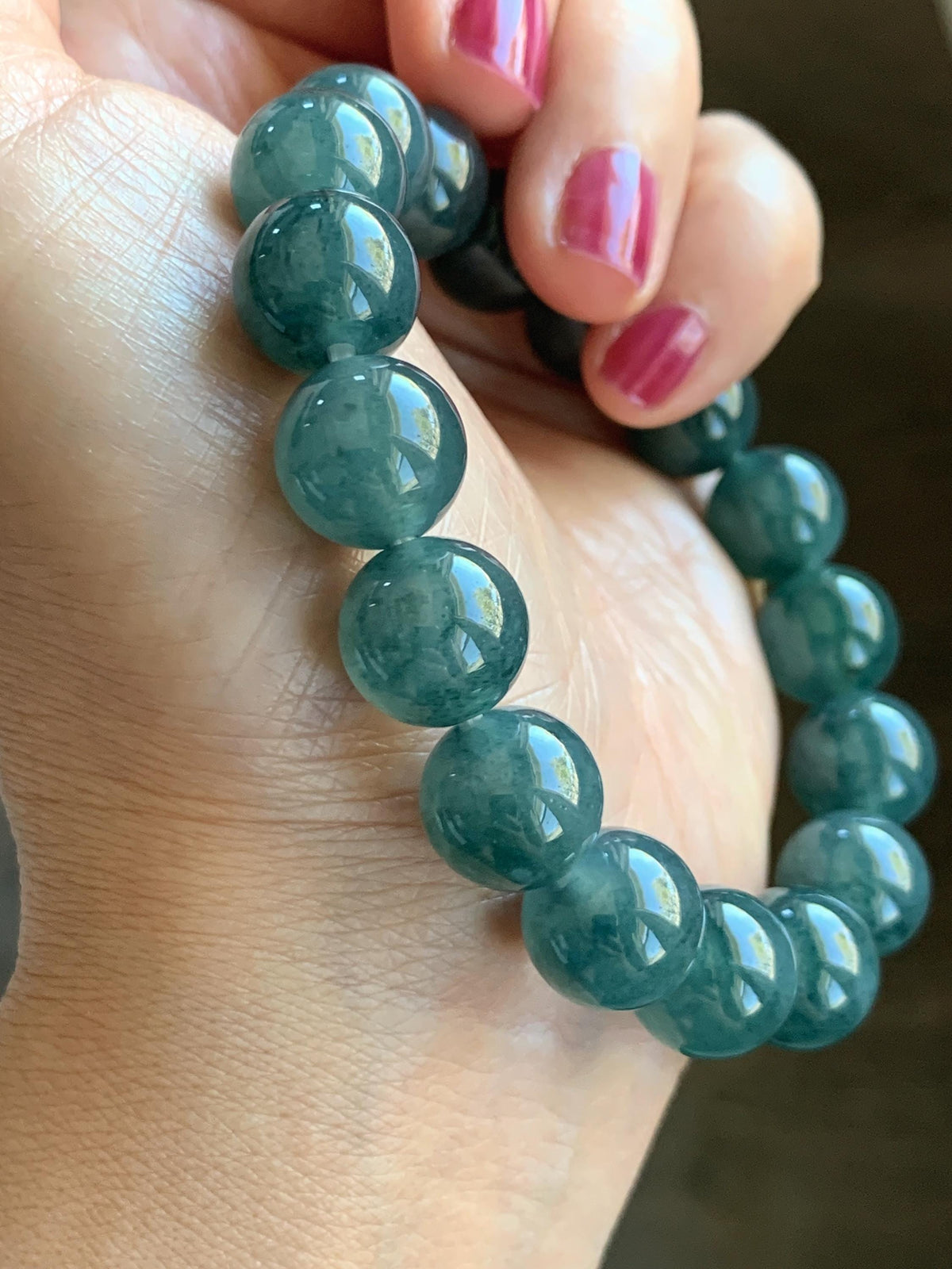 Certified Natural Grade A Guatemalan Icy Highly Translucent Blue Green Marble Jade Jadeite Beaded Bracelet 11.8mm 7.4” 49g 天然冰胶危蓝飘花翡翠手串 972