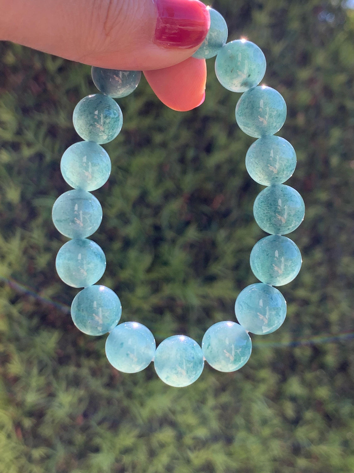 Certified Natural Grade A Guatemalan Icy Highly Translucent Blue Green Marble Jade Jadeite Beaded Bracelet 11.8mm 7.4” 49g 天然冰胶危蓝飘花翡翠手串 972