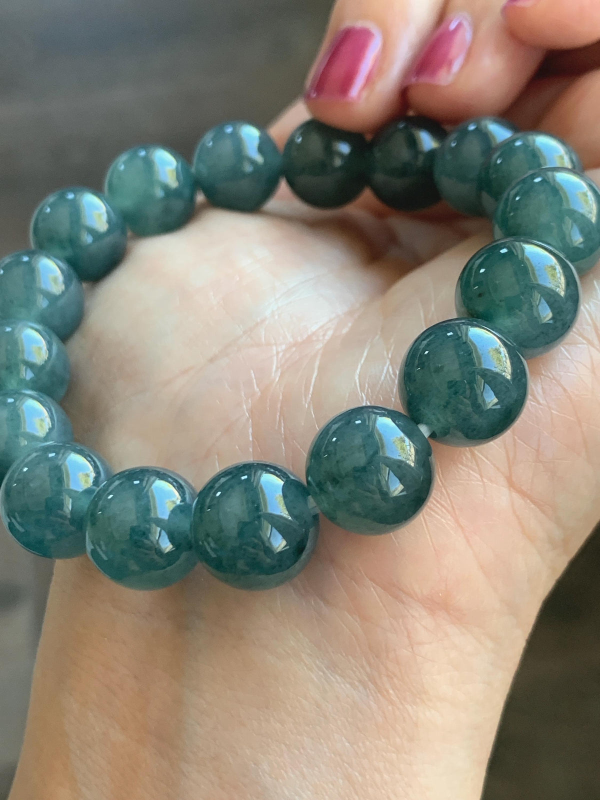 Certified Natural Grade A Guatemalan Icy Highly Translucent Blue Green Marble Jade Jadeite Beaded Bracelet 11.8mm 7.4” 49g 天然冰胶危蓝飘花翡翠手串 972