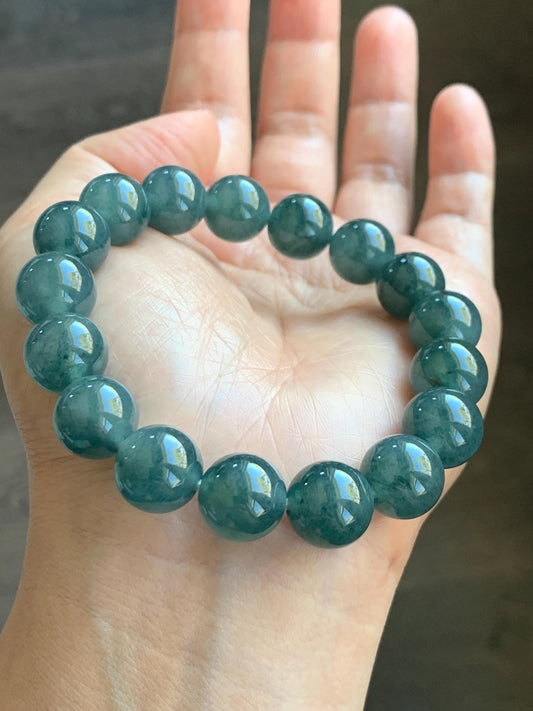 Certified Natural Grade A Guatemalan Icy Highly Translucent Blue Green Marble Jade Jadeite Beaded Bracelet 11.8mm 7.4” 49g 天然冰胶危蓝飘花翡翠手串 972