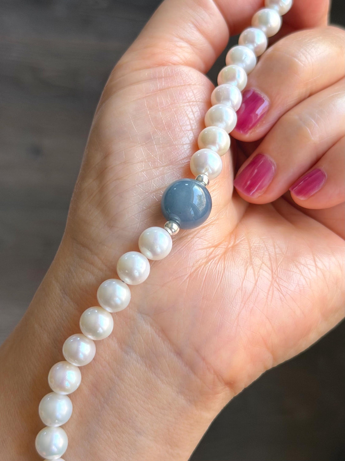 Natural Freshwater All-Nacre Pearls Grade A Icy Purplish Blue Jade Jadeite Beaded Bracelet Sterling Silver 6.75" 天然淡水无核珍珠冰危蓝紫翡翠手串 WLP377
