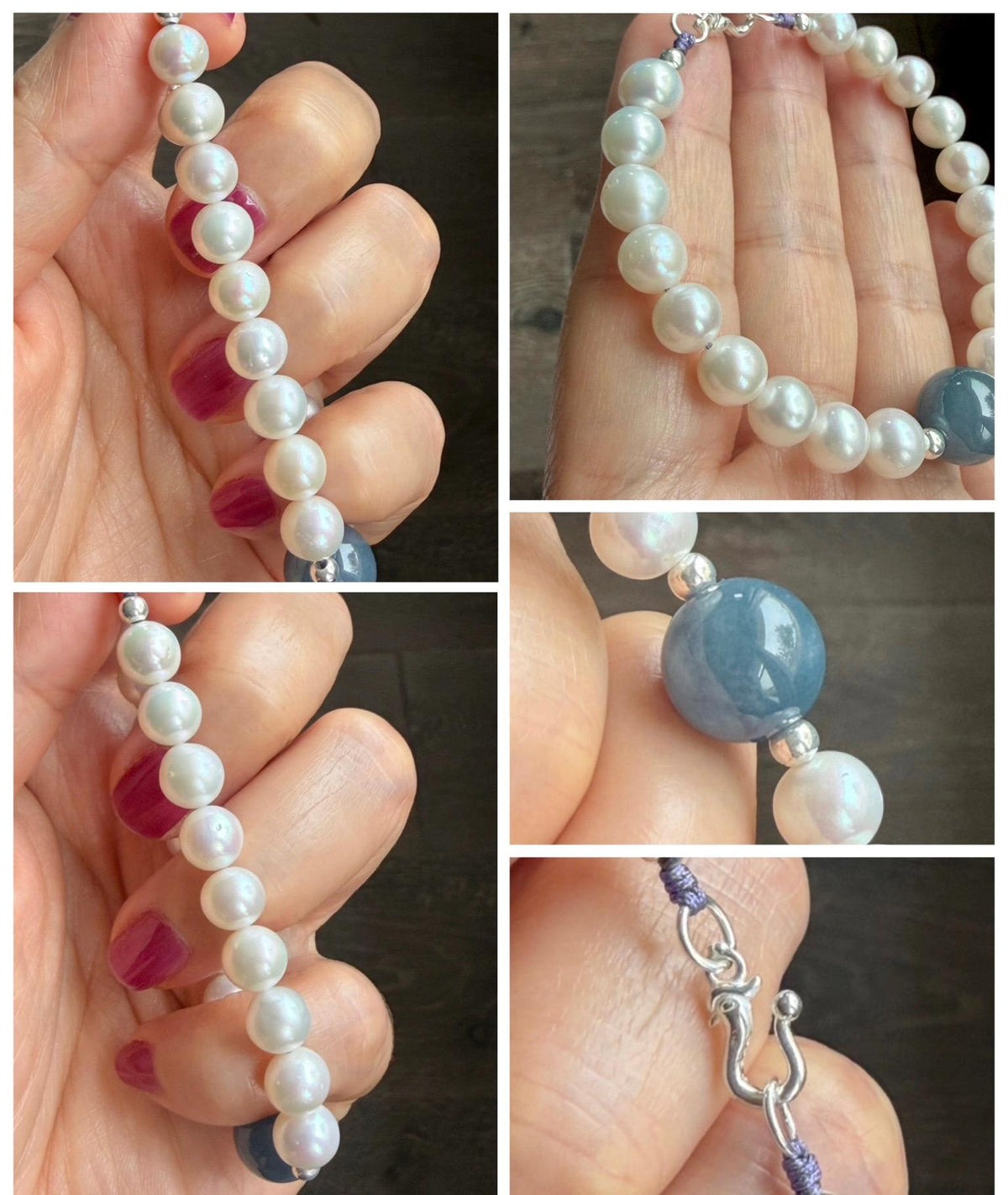 Natural Freshwater All-Nacre Pearls Grade A Icy Purplish Blue Jade Jadeite Beaded Bracelet Sterling Silver 6.75" 天然淡水无核珍珠冰危蓝紫翡翠手串 WLP377