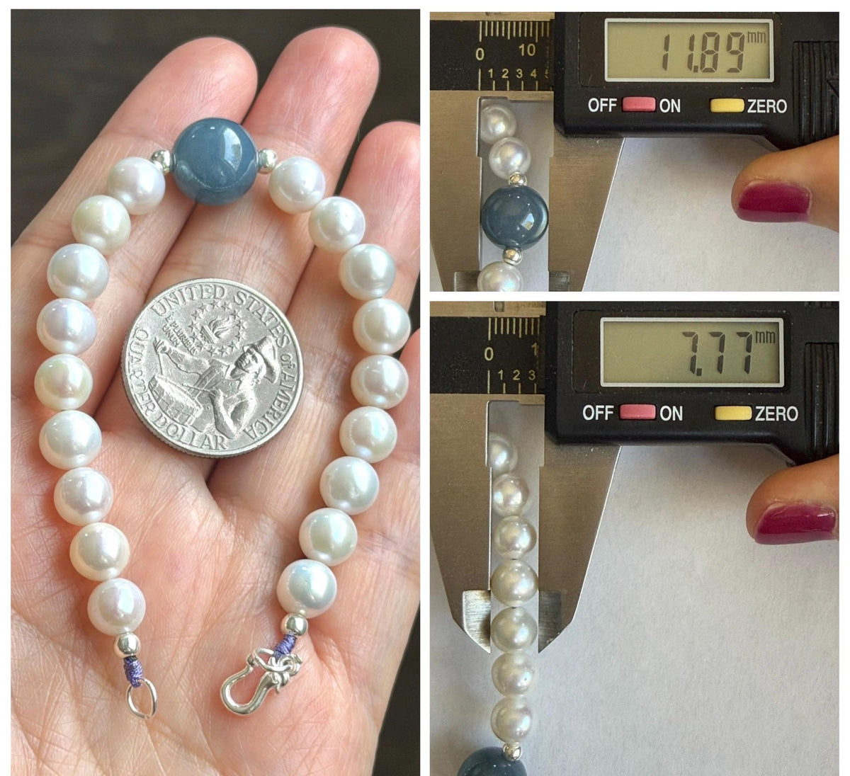 Natural Freshwater All-Nacre Pearls Grade A Icy Purplish Blue Jade Jadeite Beaded Bracelet Sterling Silver 6.75" 天然淡水无核珍珠冰危蓝紫翡翠手串 WLP377