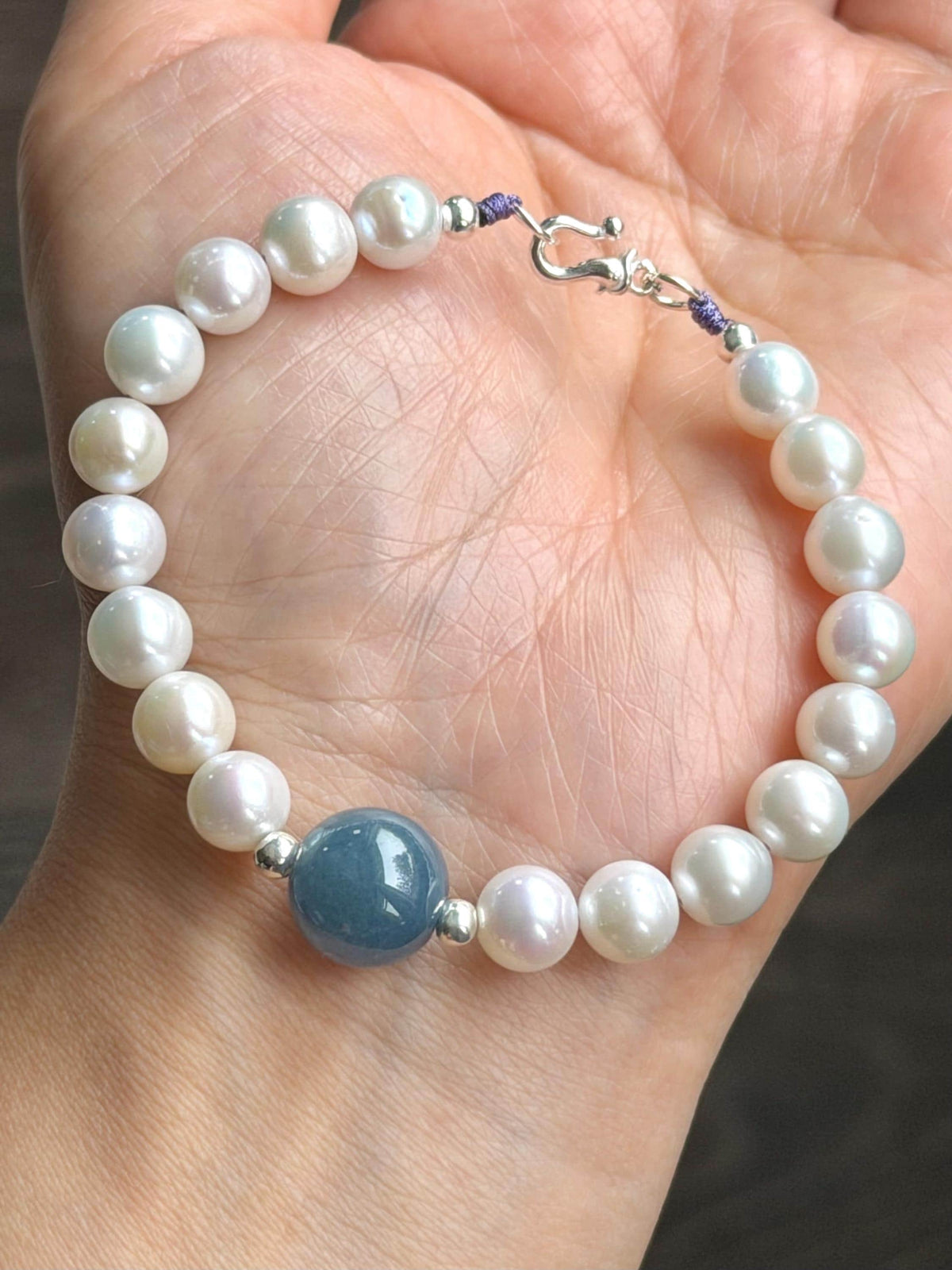 Natural Freshwater All-Nacre Pearls Grade A Icy Purplish Blue Jade Jadeite Beaded Bracelet Sterling Silver 6.75" 天然淡水无核珍珠冰危蓝紫翡翠手串 WLP377