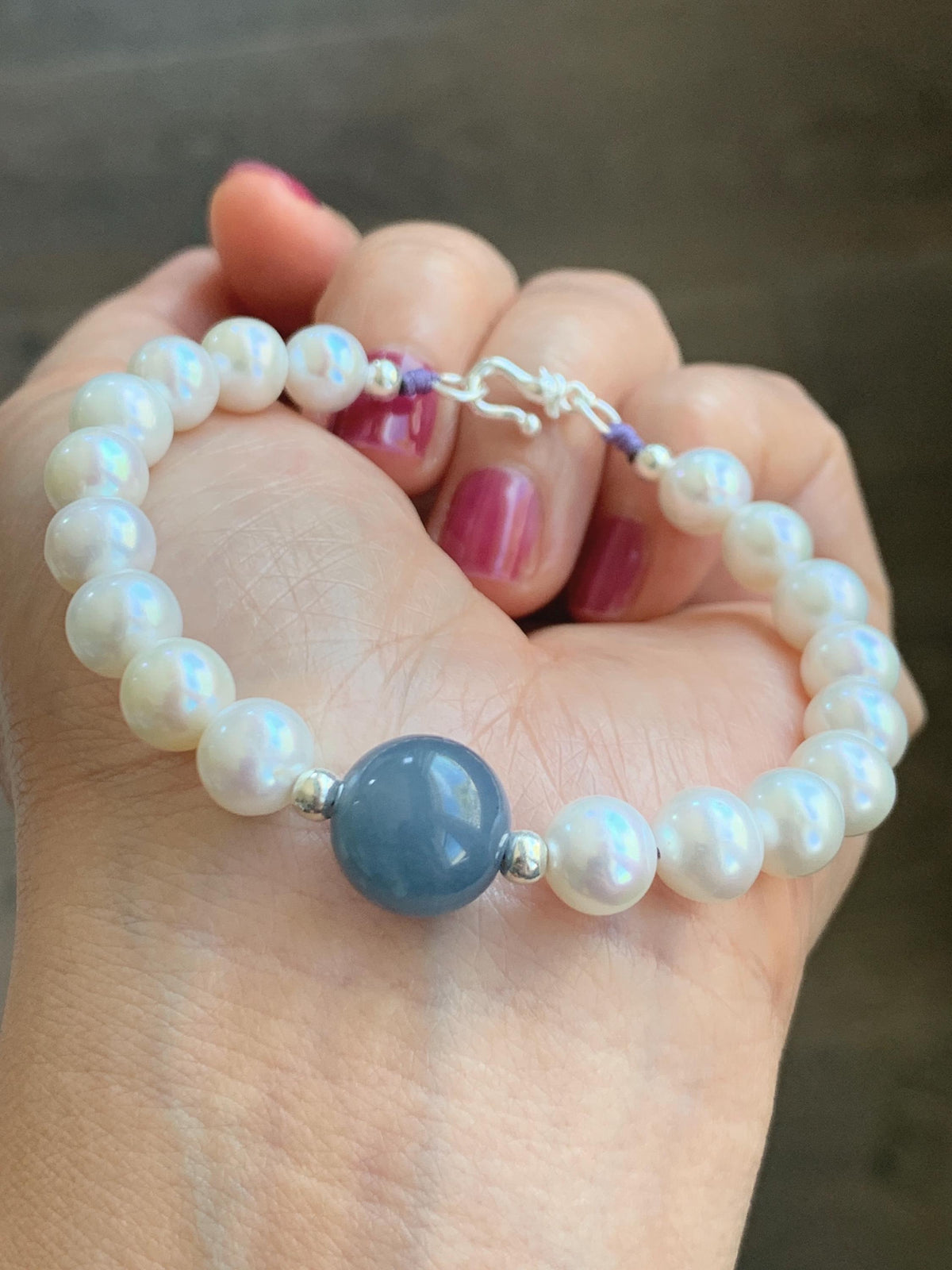 Natural Freshwater All-Nacre Pearls Grade A Icy Purplish Blue Jade Jadeite Beaded Bracelet Sterling Silver 6.75" 天然淡水无核珍珠冰危蓝紫翡翠手串 WLP377
