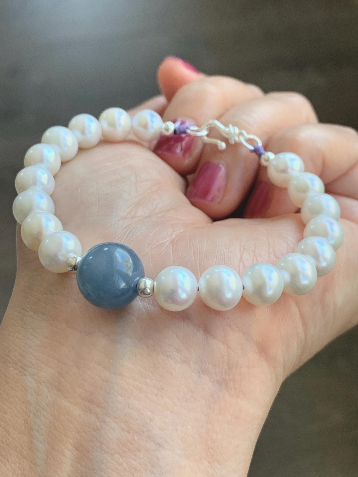 Natural Freshwater All-Nacre Pearls Grade A Icy Purplish Blue Jade Jadeite Beaded Bracelet Sterling Silver 6.75" 天然淡水无核珍珠冰危蓝紫翡翠手串 WLP377