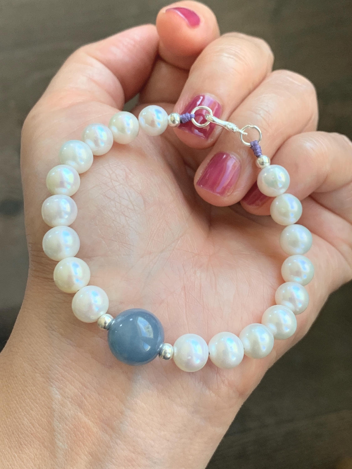 Natural Freshwater All-Nacre Pearls Grade A Icy Purplish Blue Jade Jadeite Beaded Bracelet Sterling Silver 6.75" 天然淡水无核珍珠冰危蓝紫翡翠手串 WLP377