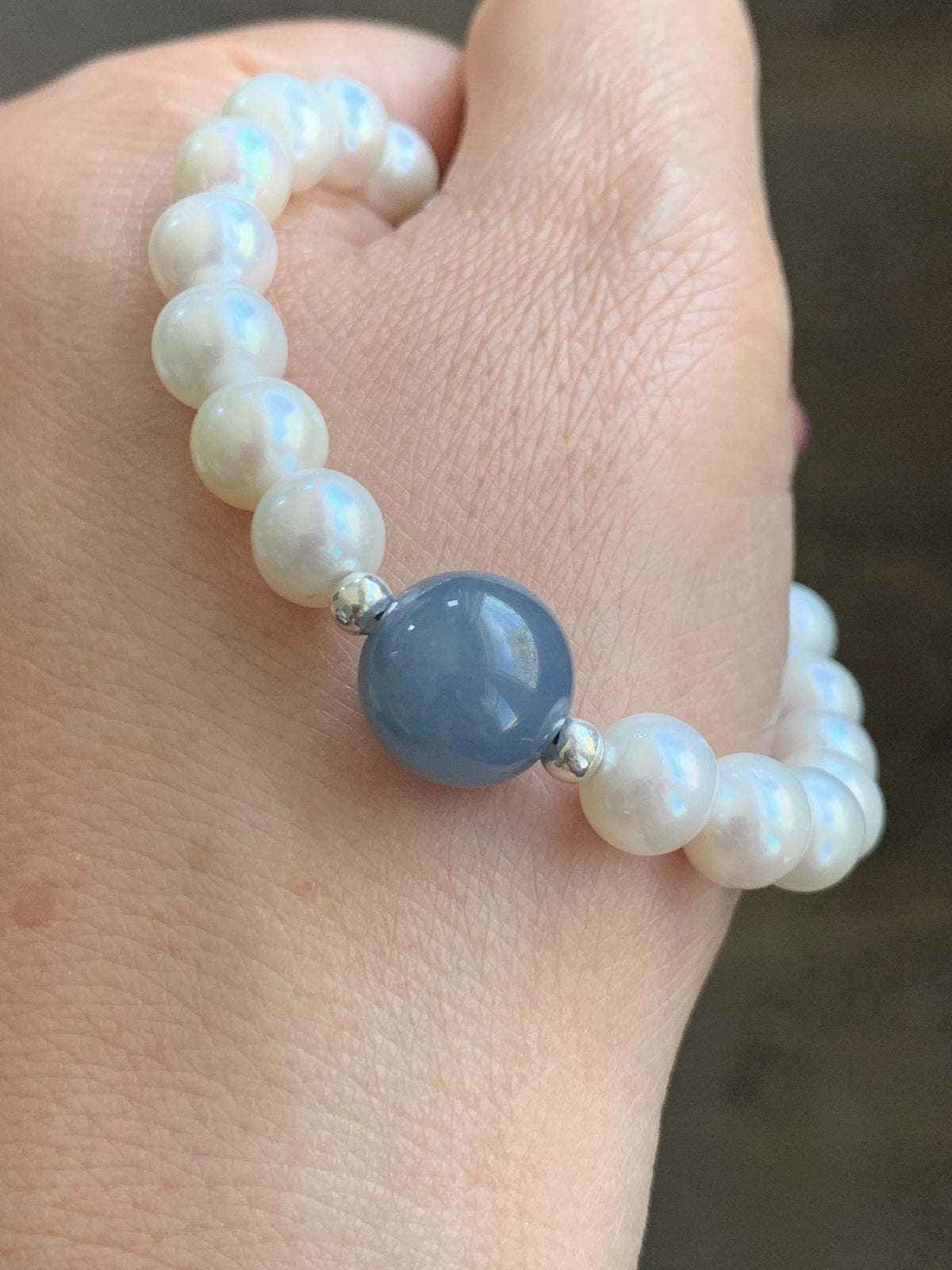 Natural Freshwater All-Nacre Pearls Grade A Icy Purplish Blue Jade Jadeite Beaded Bracelet Sterling Silver 6.75" 天然淡水无核珍珠冰危蓝紫翡翠手串 WLP377