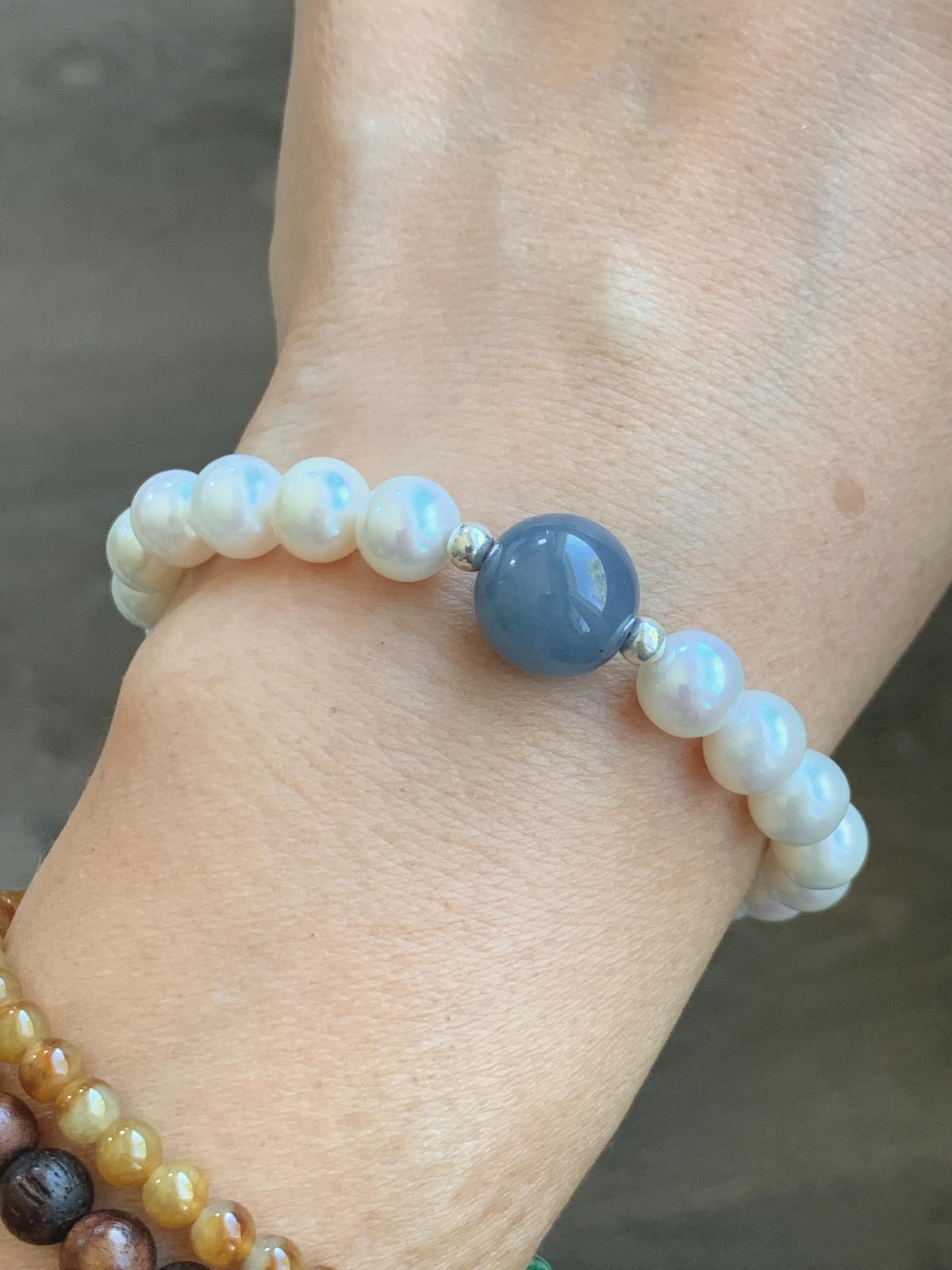 Natural Freshwater All-Nacre Pearls Grade A Icy Purplish Blue Jade Jadeite Beaded Bracelet Sterling Silver 6.75" 天然淡水无核珍珠冰危蓝紫翡翠手串 WLP377