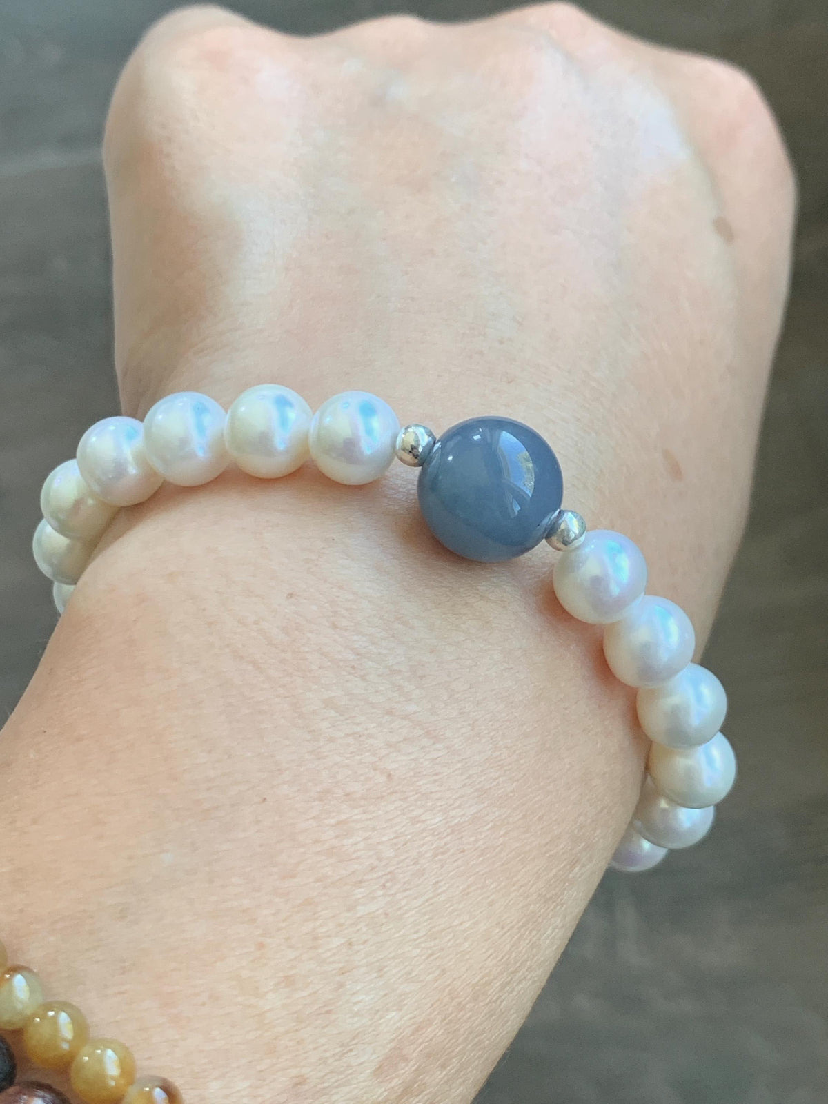 Natural Freshwater All-Nacre Pearls Grade A Icy Purplish Blue Jade Jadeite Beaded Bracelet Sterling Silver 6.75" 天然淡水无核珍珠冰危蓝紫翡翠手串 WLP377
