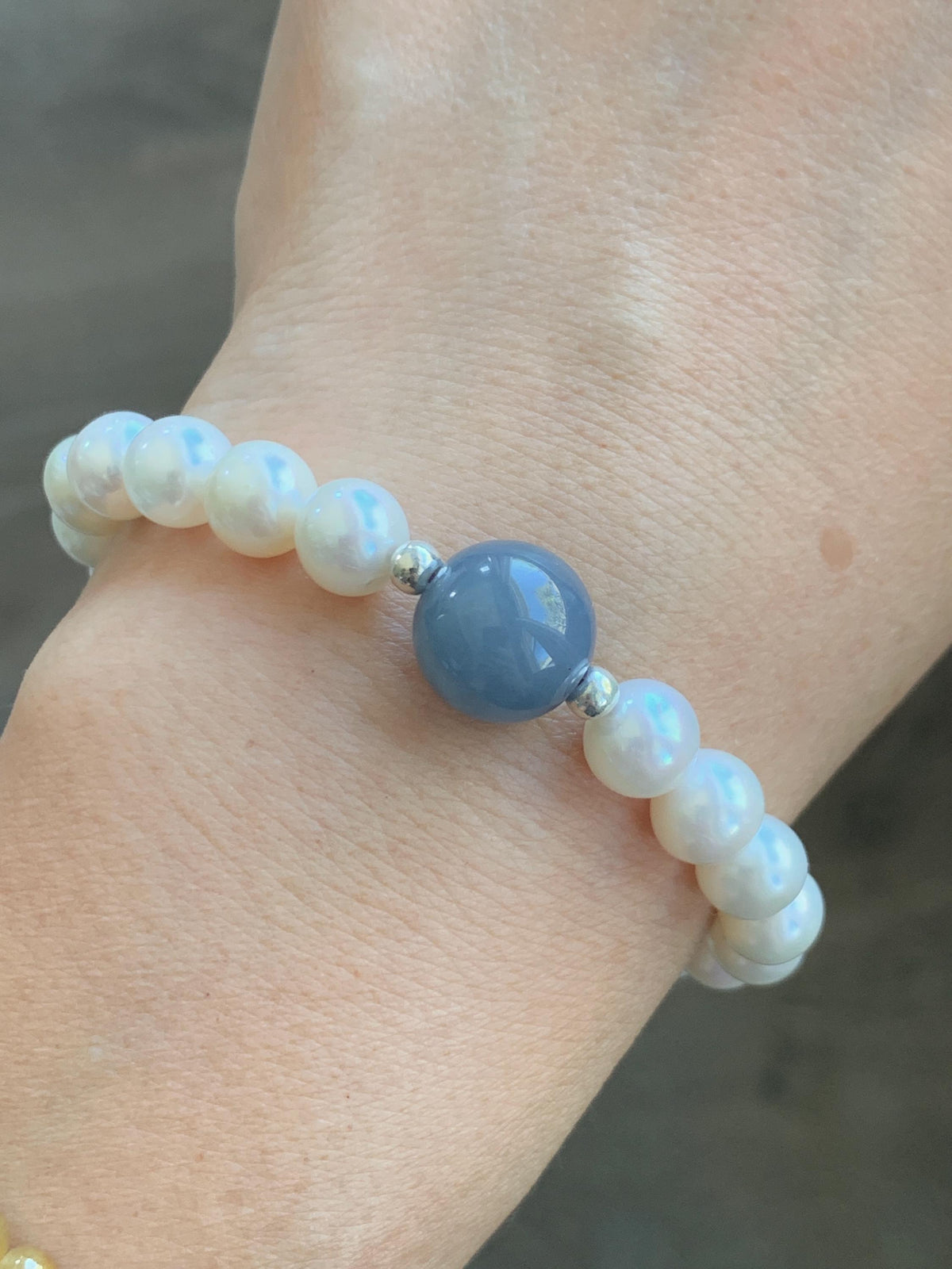 Natural Freshwater All-Nacre Pearls Grade A Icy Purplish Blue Jade Jadeite Beaded Bracelet Sterling Silver 6.75" 天然淡水无核珍珠冰危蓝紫翡翠手串 WLP377