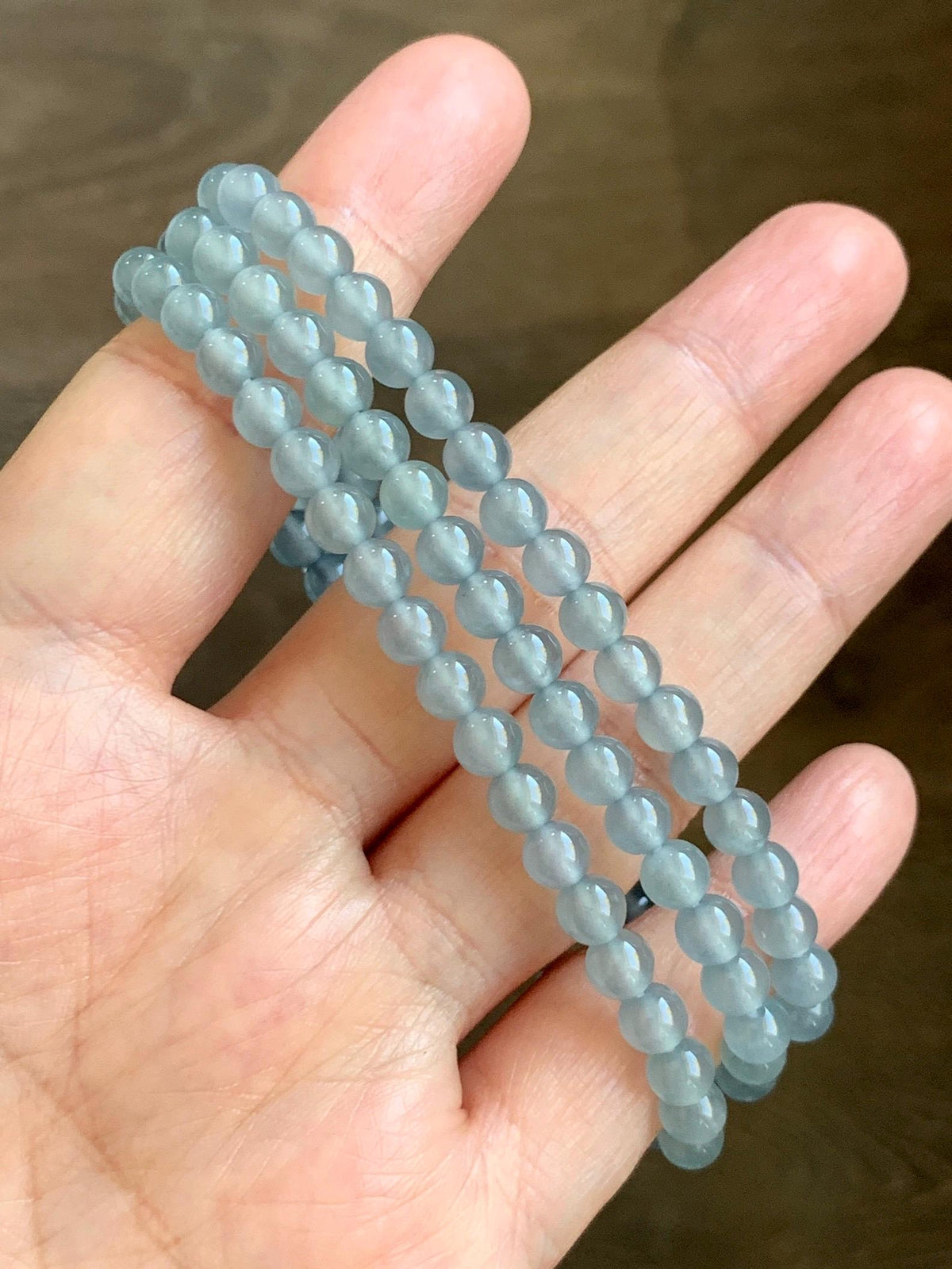 Certified Natural Grade A Guatemalan Premium Icy Pastel Dusty Blue Jade Jadeite Petite Beaded Necklace 5.4mm 22.5” 30g 天然冰胶起光危淡蓝翡翠小圆珠项链 974