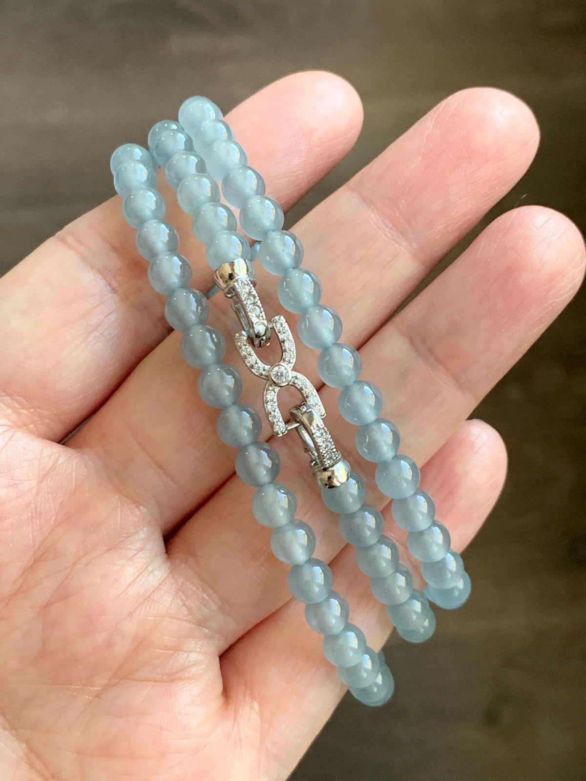 Certified Natural Grade A Guatemalan Premium Icy Pastel Dusty Blue Jade Jadeite Petite Beaded Necklace 5.4mm 22.5” 30g 天然冰胶起光危淡蓝翡翠小圆珠项链 974