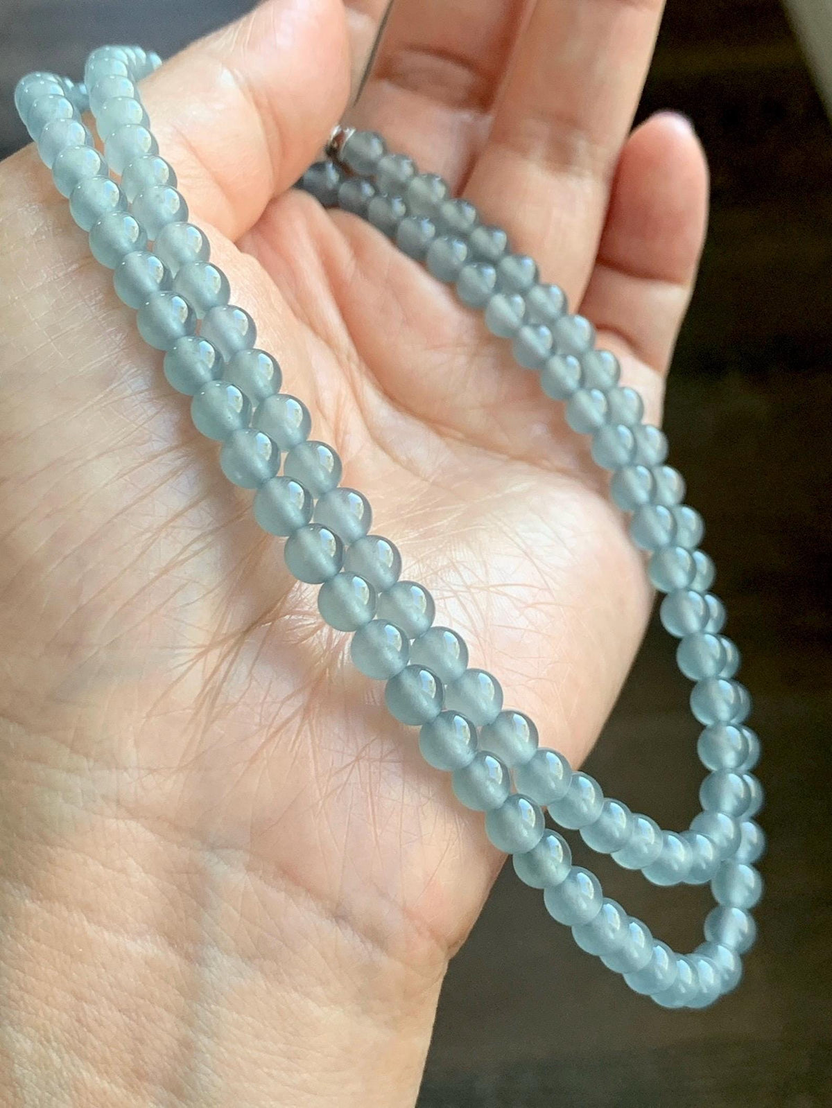 Certified Natural Grade A Guatemalan Premium Icy Pastel Dusty Blue Jade Jadeite Petite Beaded Necklace 5.4mm 22.5” 30g 天然冰胶起光危淡蓝翡翠小圆珠项链 974