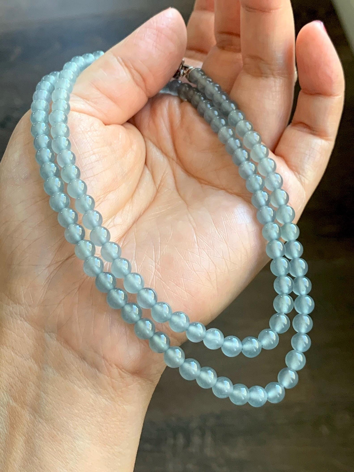 Certified Natural Grade A Guatemalan Premium Icy Pastel Dusty Blue Jade Jadeite Petite Beaded Necklace 5.4mm 22.5” 30g 天然冰胶起光危淡蓝翡翠小圆珠项链 974