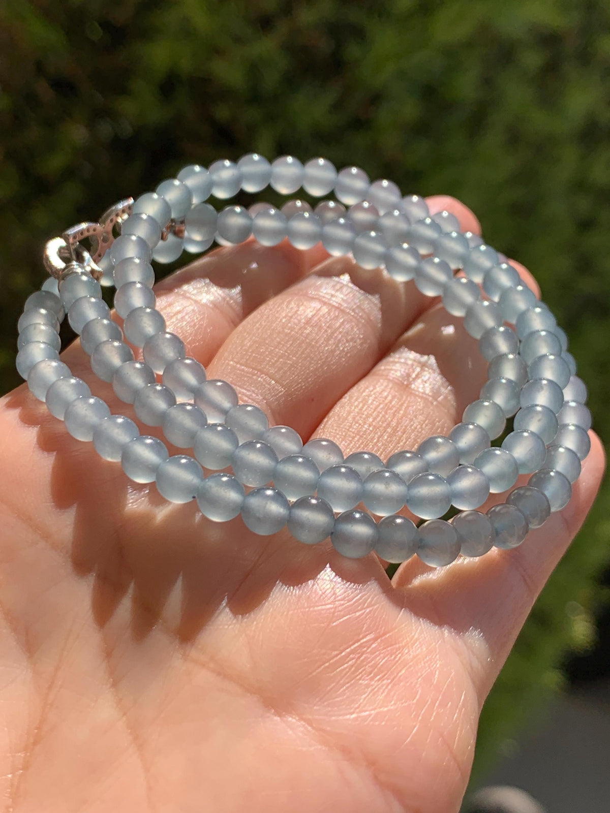 Certified Natural Grade A Guatemalan Premium Icy Pastel Dusty Blue Jade Jadeite Petite Beaded Necklace 5.4mm 22.5” 30g 天然冰胶起光危淡蓝翡翠小圆珠项链 974