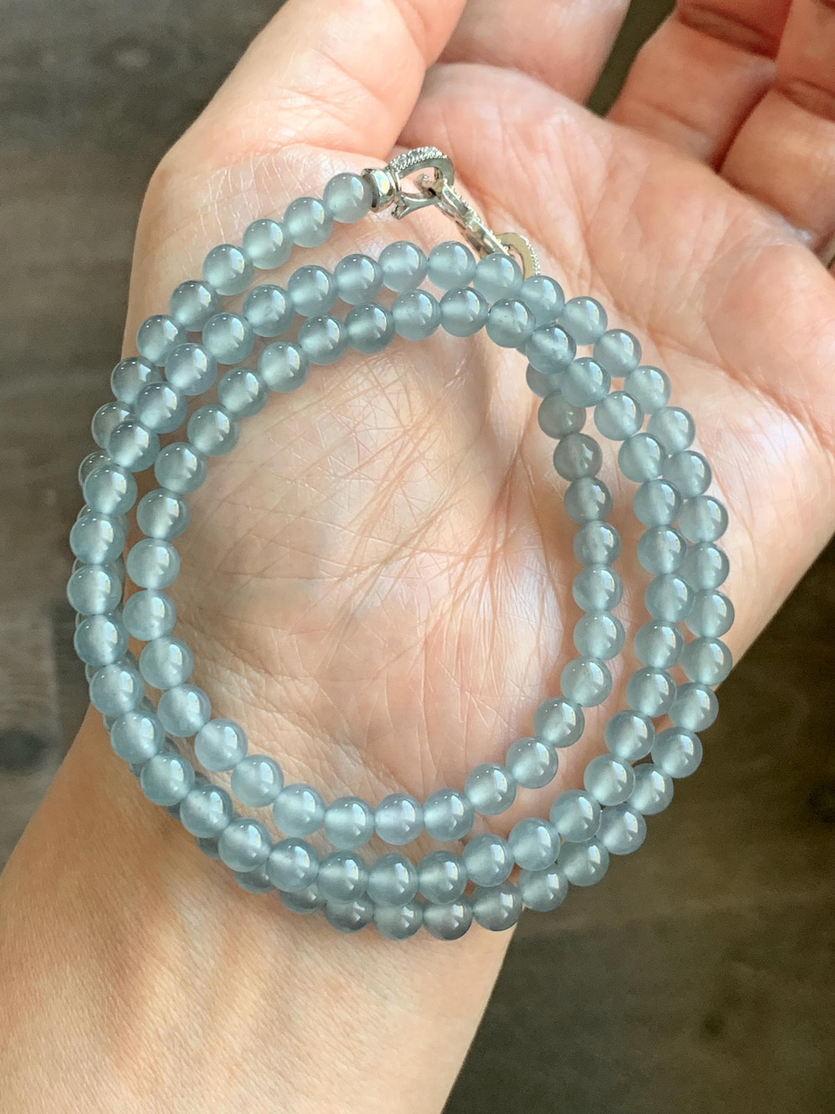 Certified Natural Grade A Guatemalan Premium Icy Pastel Dusty Blue Jade Jadeite Petite Beaded Necklace 5.4mm 22.5” 30g 天然冰胶起光危淡蓝翡翠小圆珠项链 974