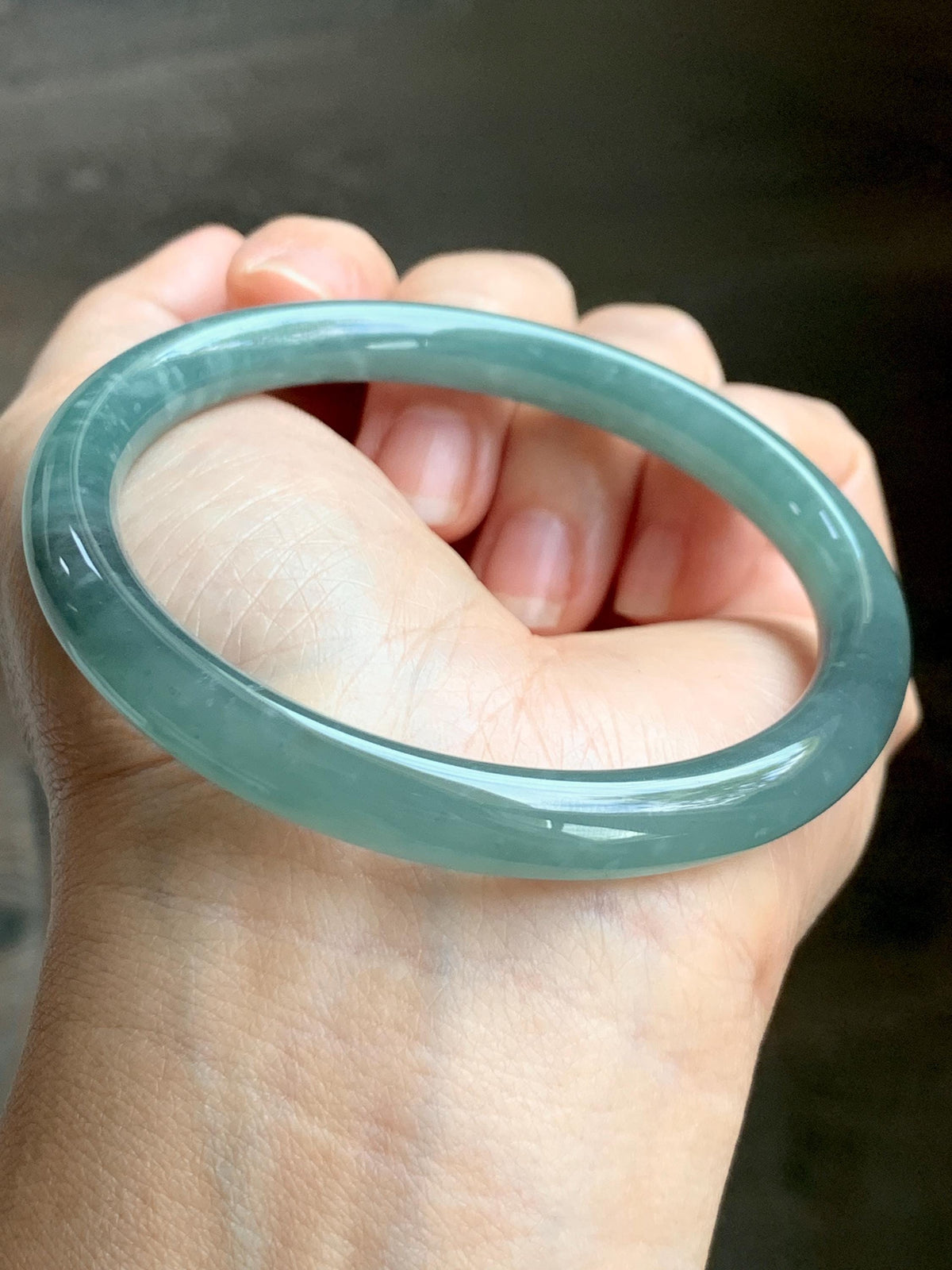 Certified Natural Grade A Guatemalan Icy Translucent Dusty Teal Green Jade Jadeite Bangle Bracelet 59mm 7.29” 33g 天然冰危蓝绿翡翠圆条手镯 930