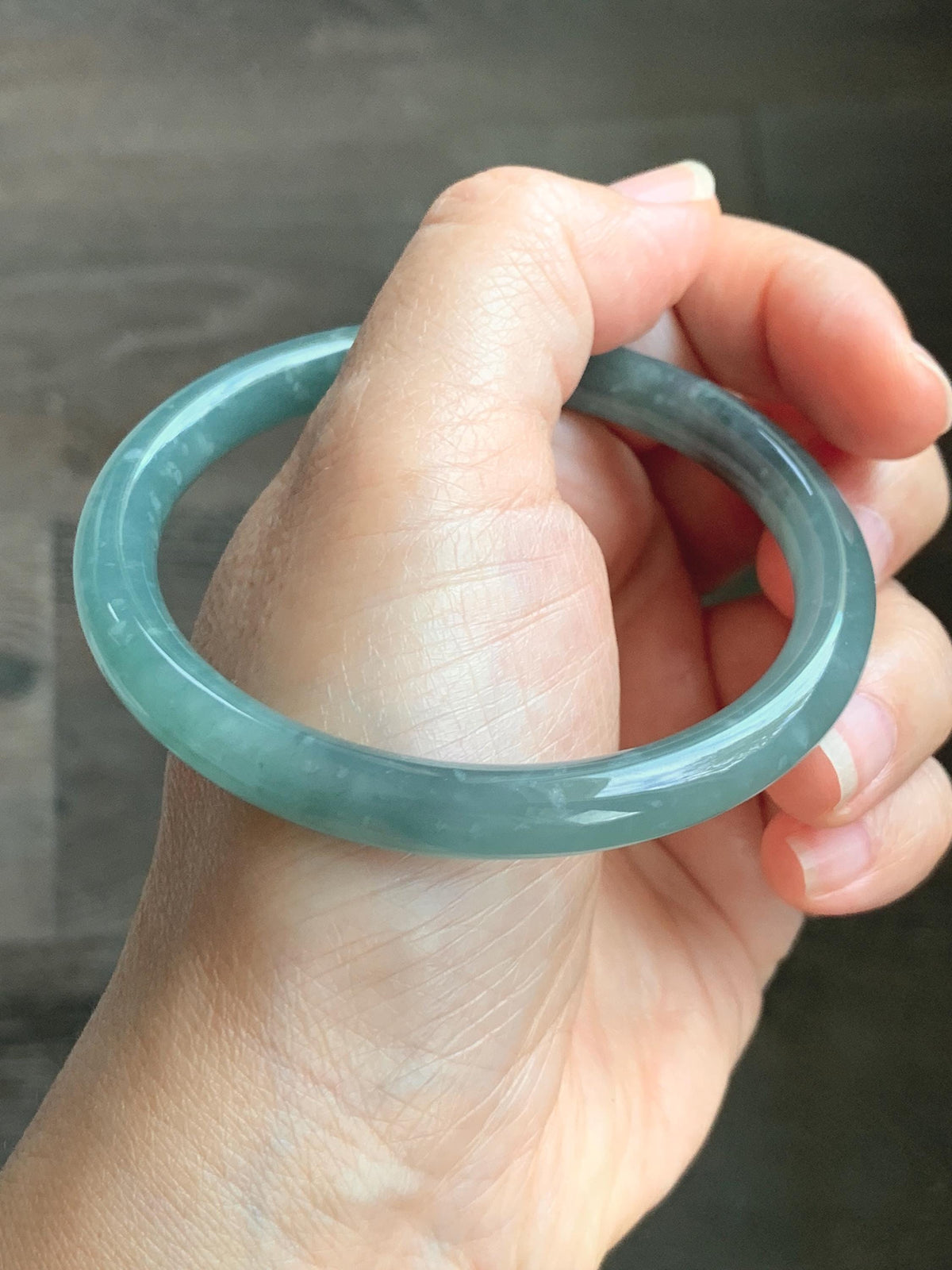 Certified Natural Grade A Guatemalan Icy Translucent Dusty Teal Green Jade Jadeite Bangle Bracelet 59mm 7.29” 33g 天然冰危蓝绿翡翠圆条手镯 930