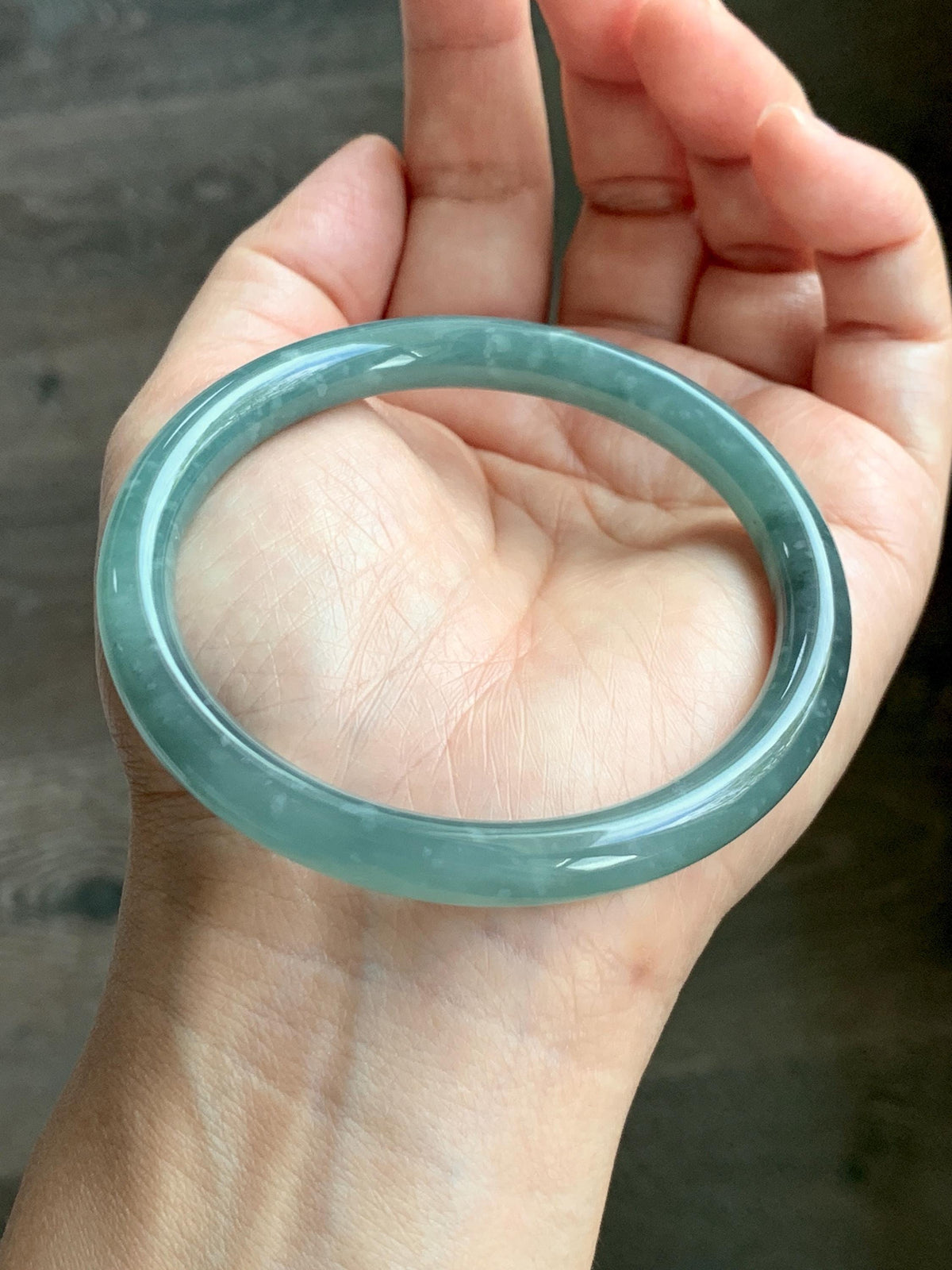 Certified Natural Grade A Guatemalan Icy Translucent Dusty Teal Green Jade Jadeite Bangle Bracelet 59mm 7.29” 33g 天然冰危蓝绿翡翠圆条手镯 930