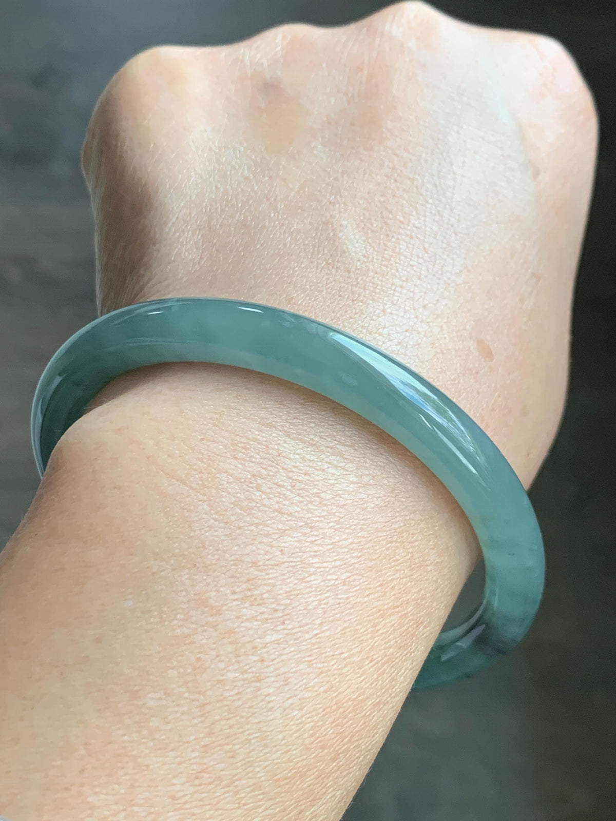 Certified Natural Grade A Guatemalan Icy Translucent Dusty Teal Green Jade Jadeite Bangle Bracelet 59mm 7.29” 33g 天然冰危蓝绿翡翠圆条手镯 930