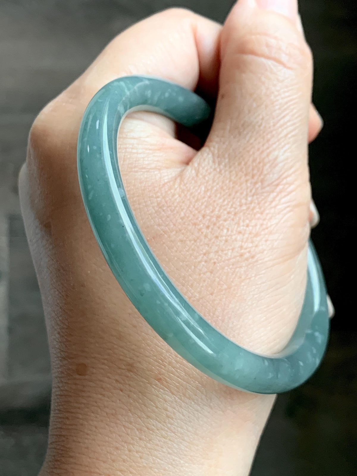 Certified Natural Grade A Guatemalan Icy Translucent Dusty Teal Green Jade Jadeite Bangle Bracelet 59mm 7.29” 33g 天然冰危蓝绿翡翠圆条手镯 930