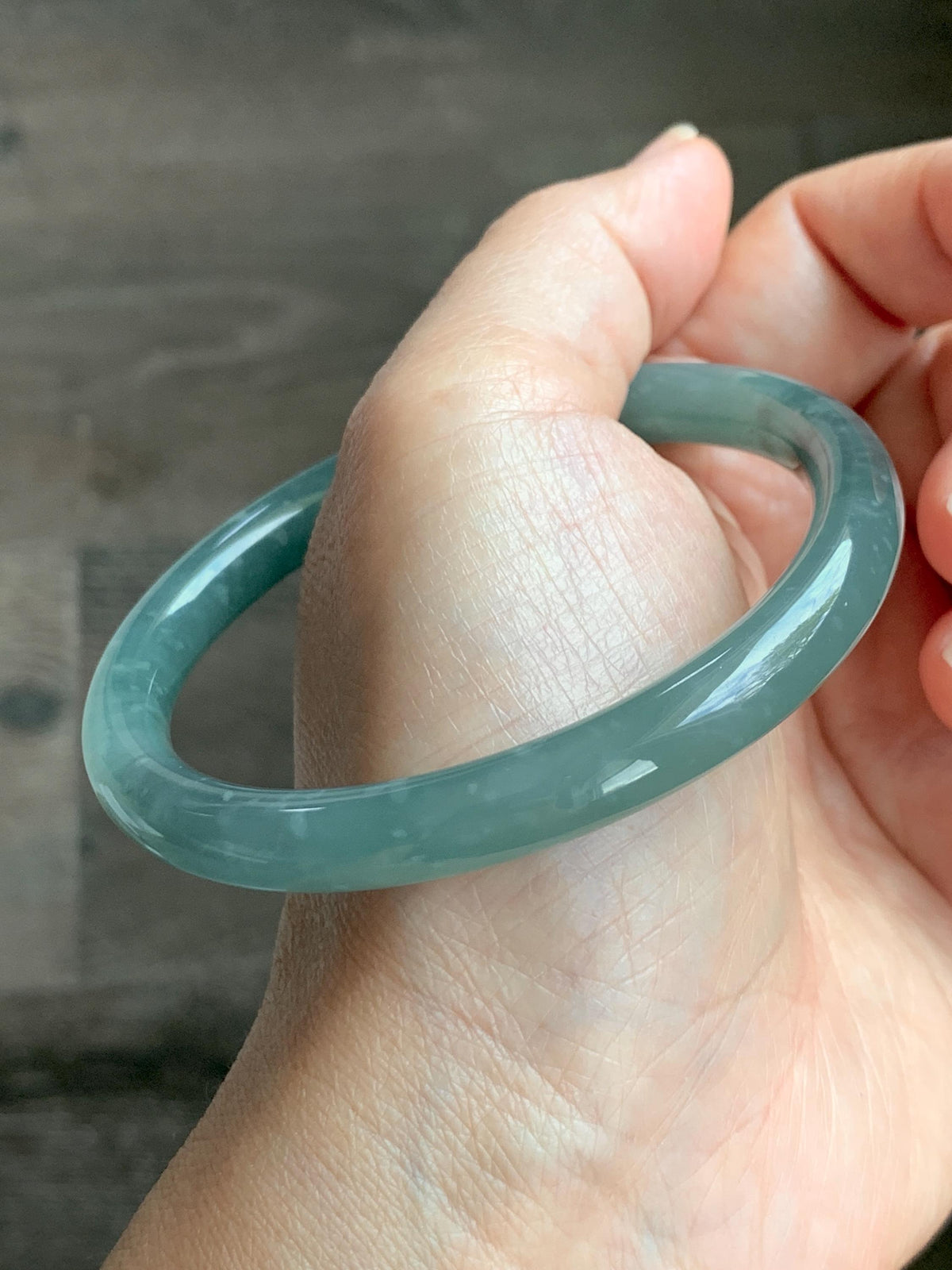 Certified Natural Grade A Guatemalan Icy Translucent Dusty Teal Green Jade Jadeite Bangle Bracelet 59mm 7.29” 33g 天然冰危蓝绿翡翠圆条手镯 930