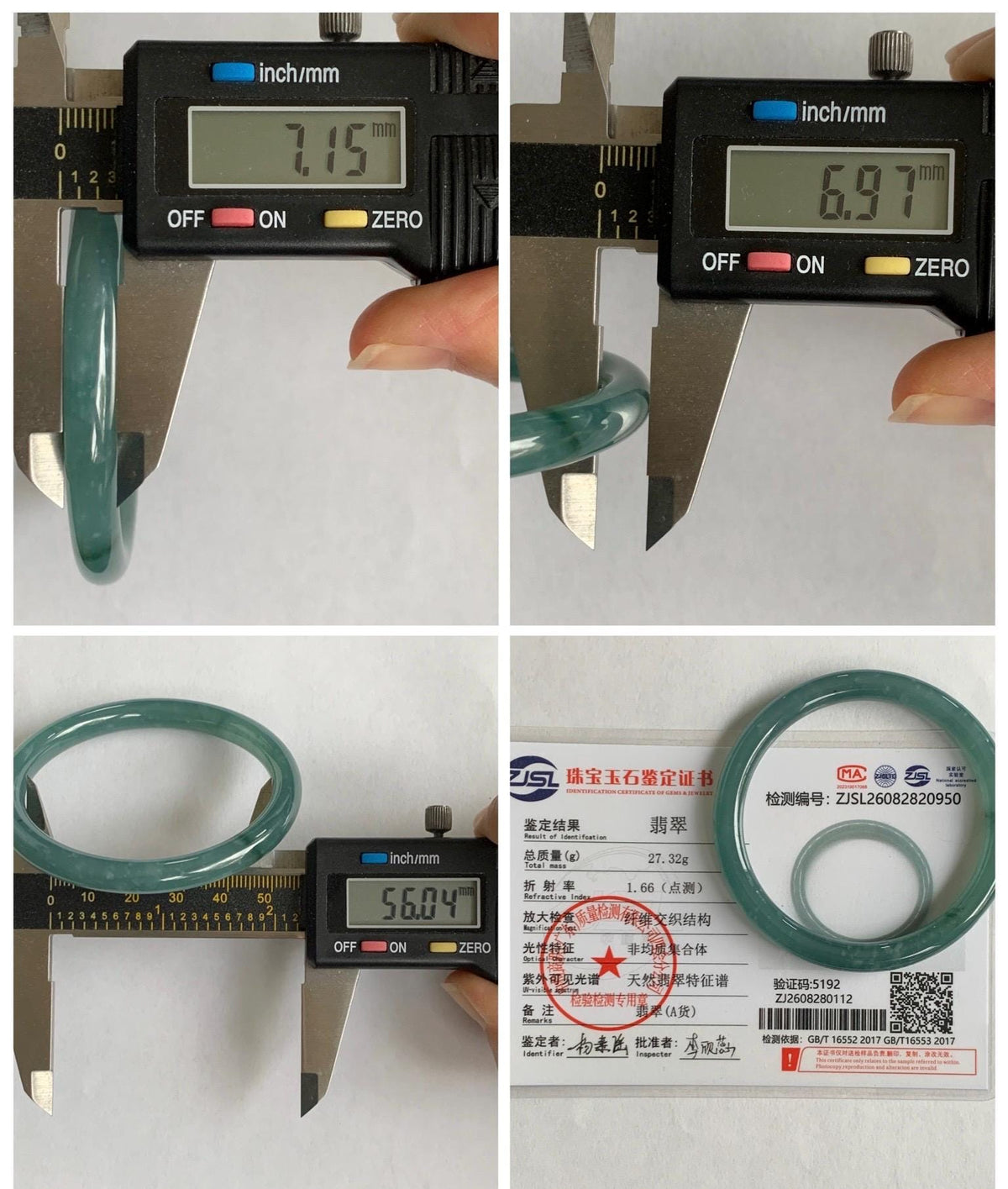 Certified Natural Grade A Guatemalan Icy Translucent Dusty Teal Green Jade Jadeite Bangle Bracelet 56mm 6.93” 27g 天然冰危蓝绿翡翠圆条手镯 950