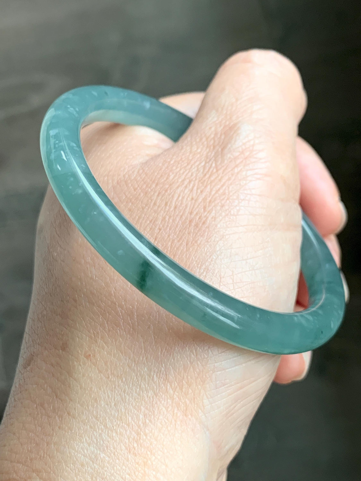 Certified Natural Grade A Guatemalan Icy Translucent Dusty Teal Green Jade Jadeite Bangle Bracelet 56mm 6.93” 27g 天然冰危蓝绿翡翠圆条手镯 950