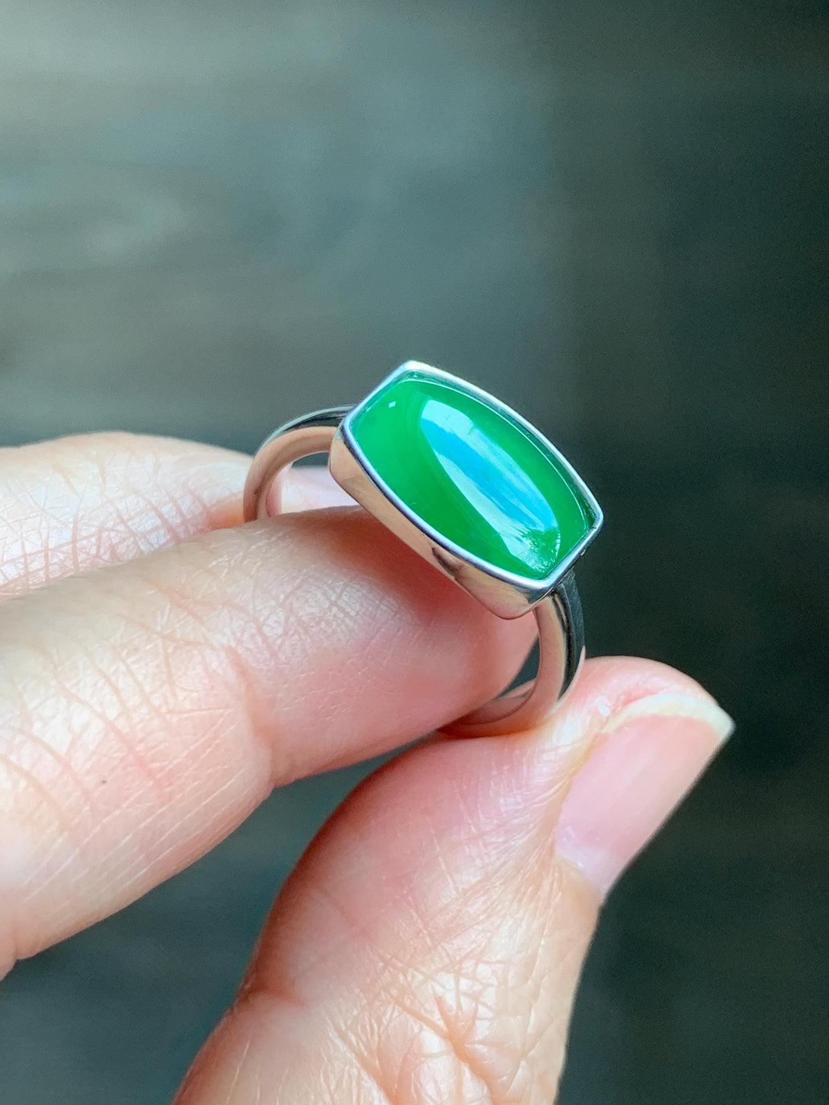 Certified Natural Grade A Guatemalan Icy Translucent Vibrant Green Jade Jadeite Ring Sterling Silver 3.56g size 7.25 US 天然冰危绿翡翠镶嵌戒指 1035