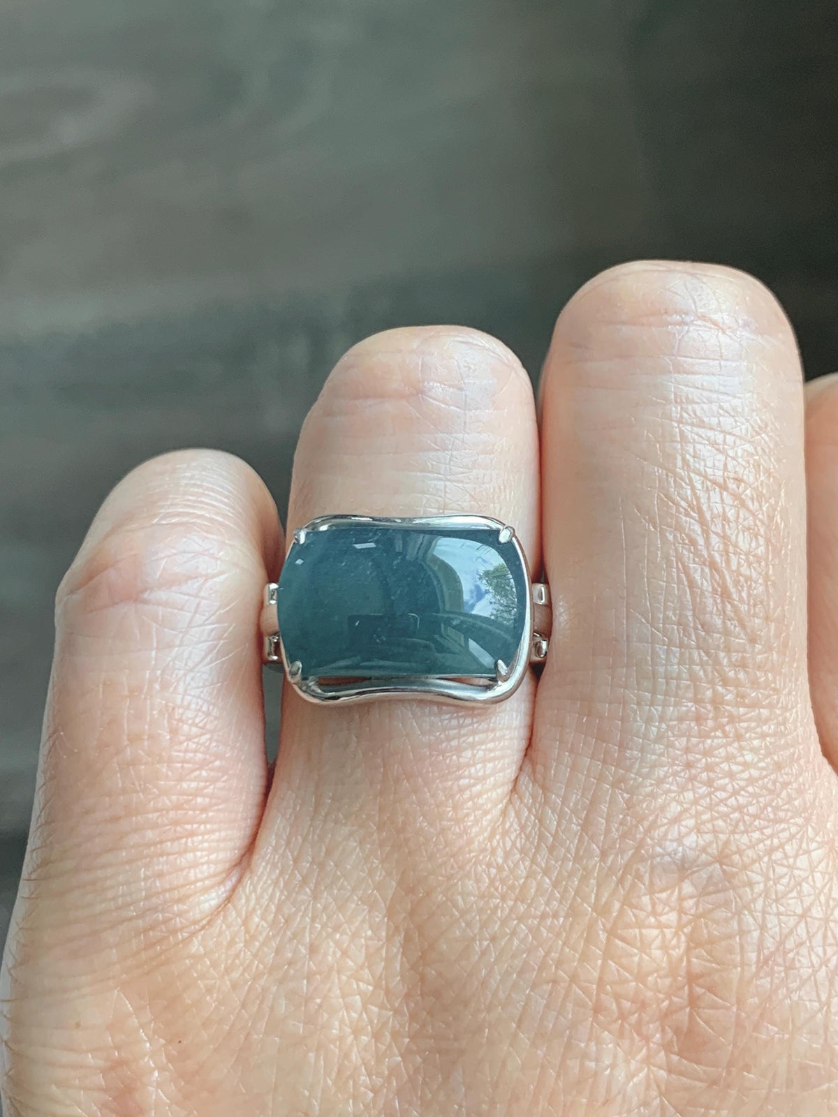 Certified Natural Grade A Guatemalan Icy Dusty Blueberry Blue Jade Jadeite Saddle Ring Sterling Silver Size 7.5 US 7.9g 天然冰危蓝莓翡翠马鞍戒指 1040