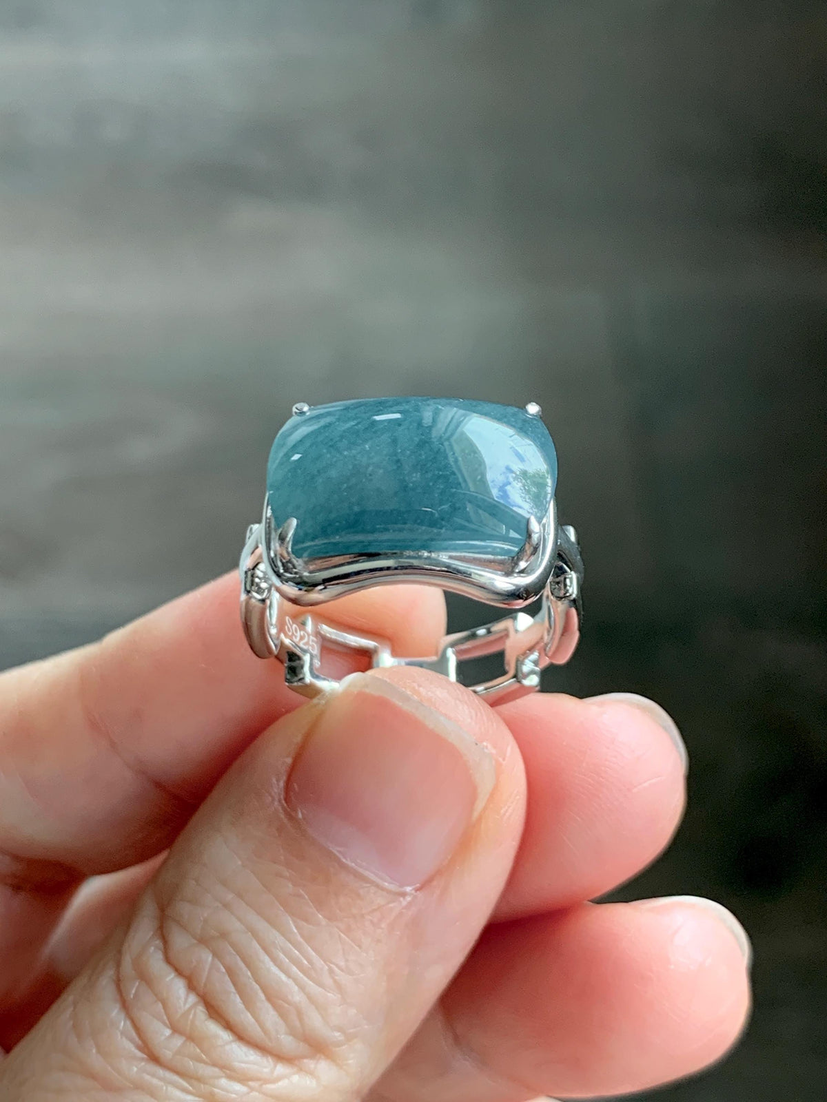 Certified Natural Grade A Guatemalan Icy Dusty Blueberry Blue Jade Jadeite Saddle Ring Sterling Silver Size 7.5 US 7.9g 天然冰危蓝莓翡翠马鞍戒指 1040