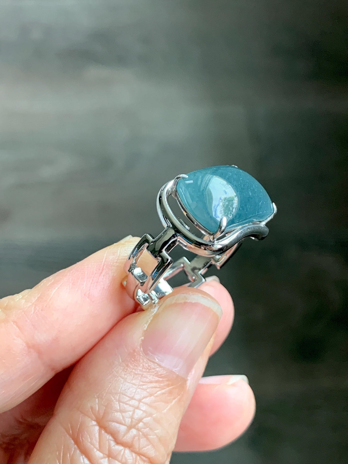 Certified Natural Grade A Guatemalan Icy Dusty Blueberry Blue Jade Jadeite Saddle Ring Sterling Silver Size 7.5 US 7.9g 天然冰危蓝莓翡翠马鞍戒指 1040